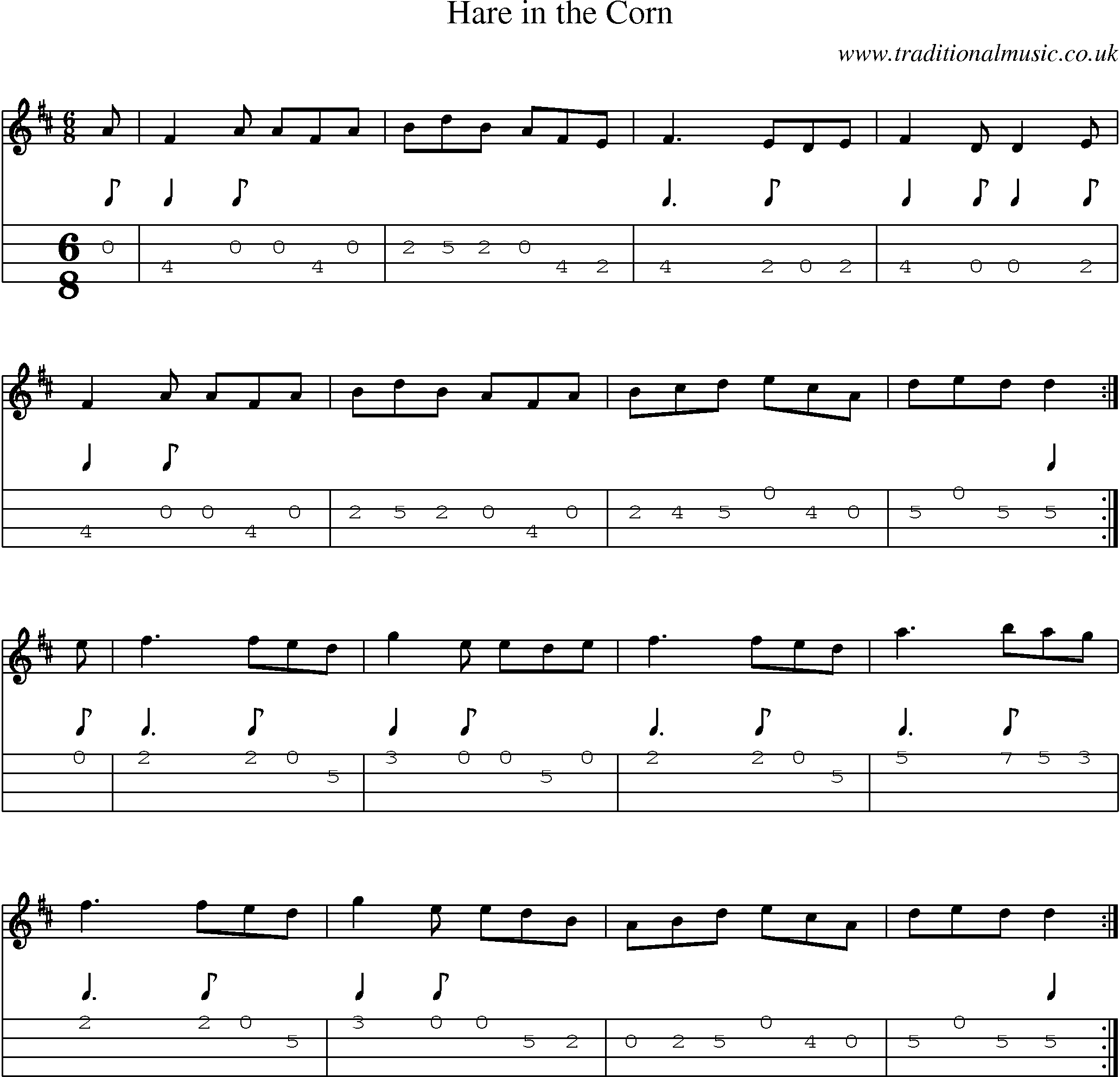 Music Score and Mandolin Tabs for Hare In Corn