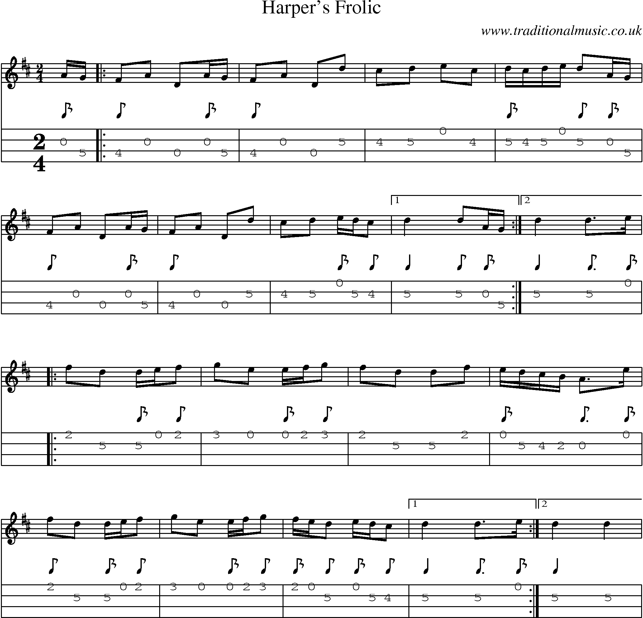 Music Score and Mandolin Tabs for Harpers Frolic