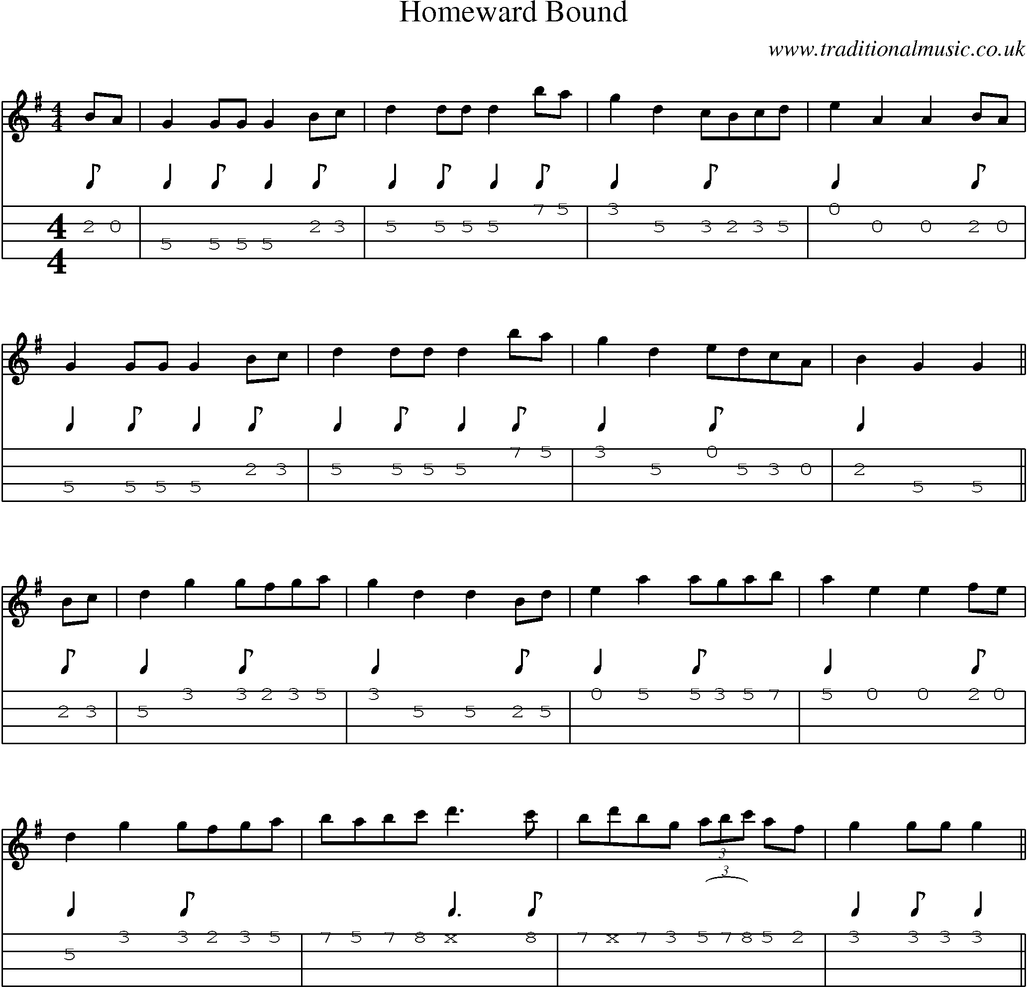 Music Score and Mandolin Tabs for Homeward Bound 2