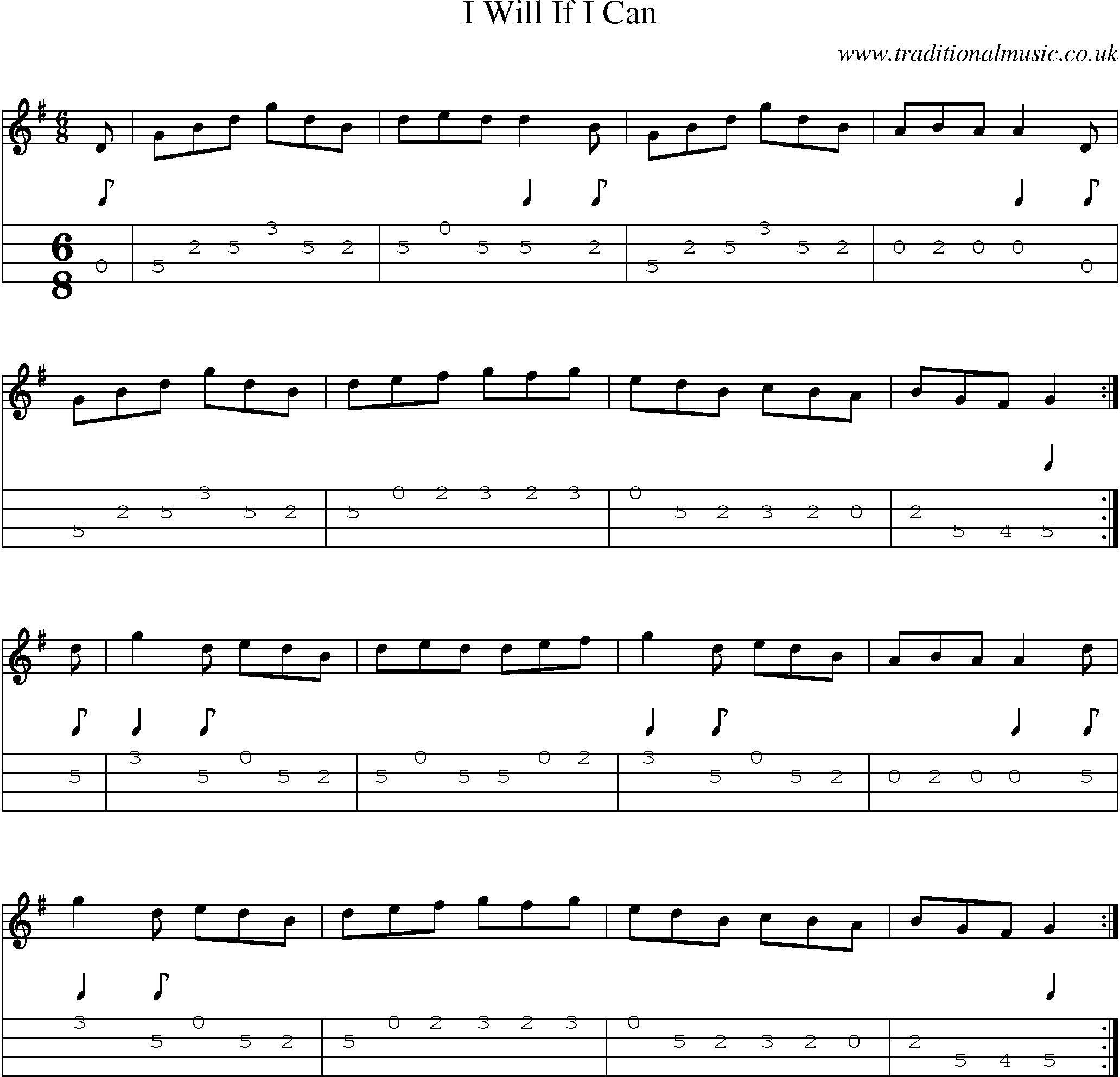 Music Score and Mandolin Tabs for I Will If I Can