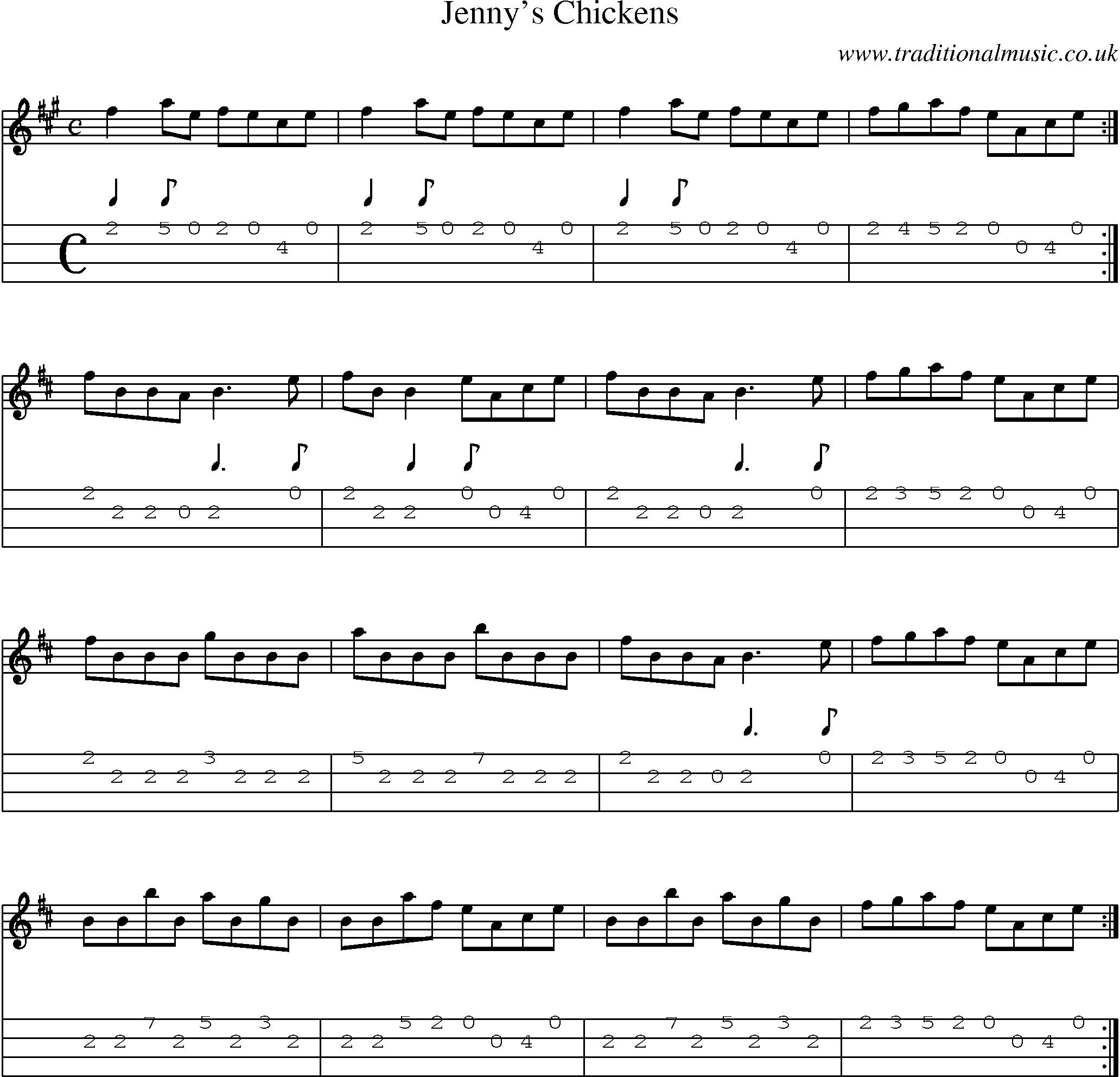 Music Score and Mandolin Tabs for Jennys Chickens