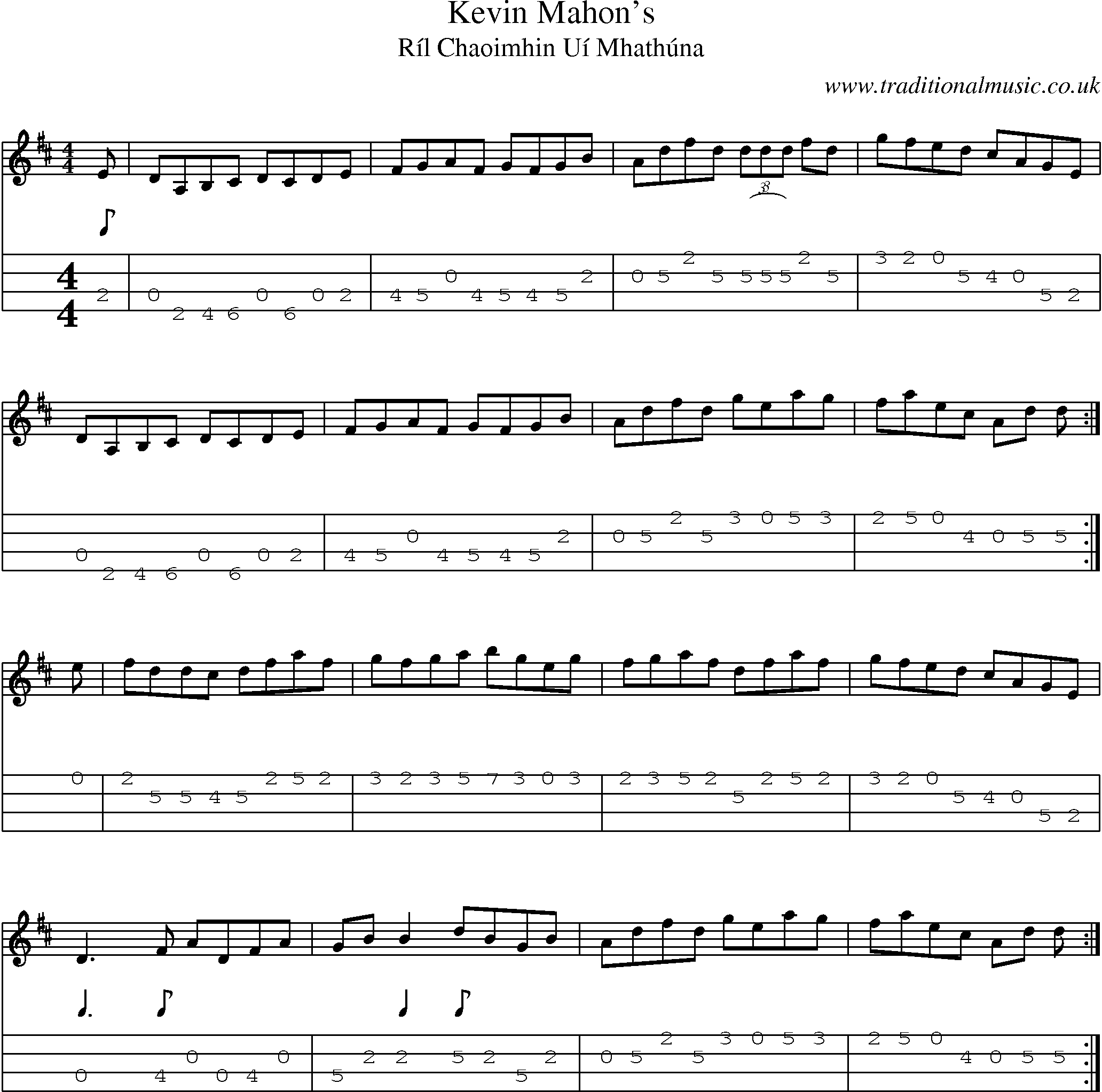 Music Score and Mandolin Tabs for Kevin Mahons