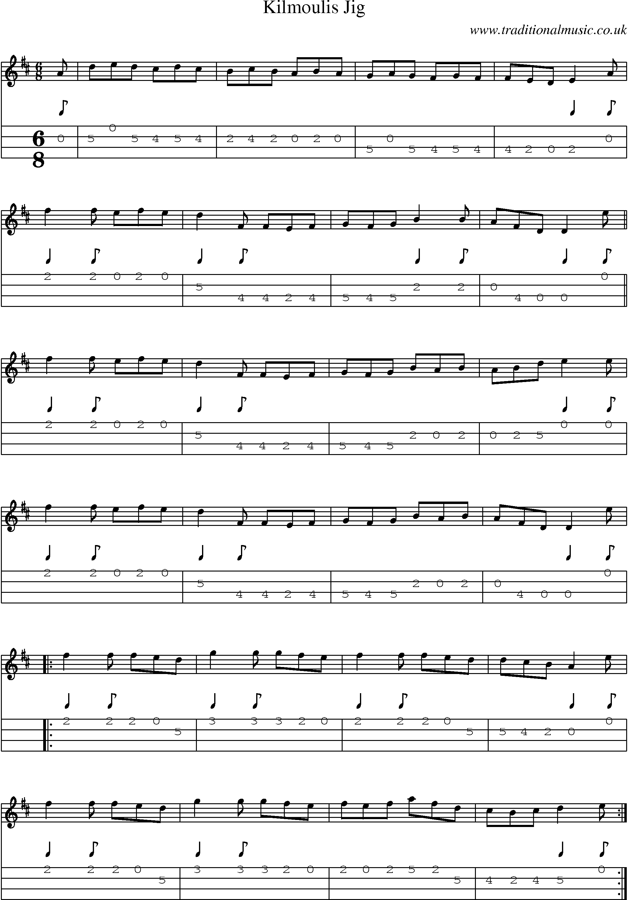 Music Score and Mandolin Tabs for Kilmoulis Jig