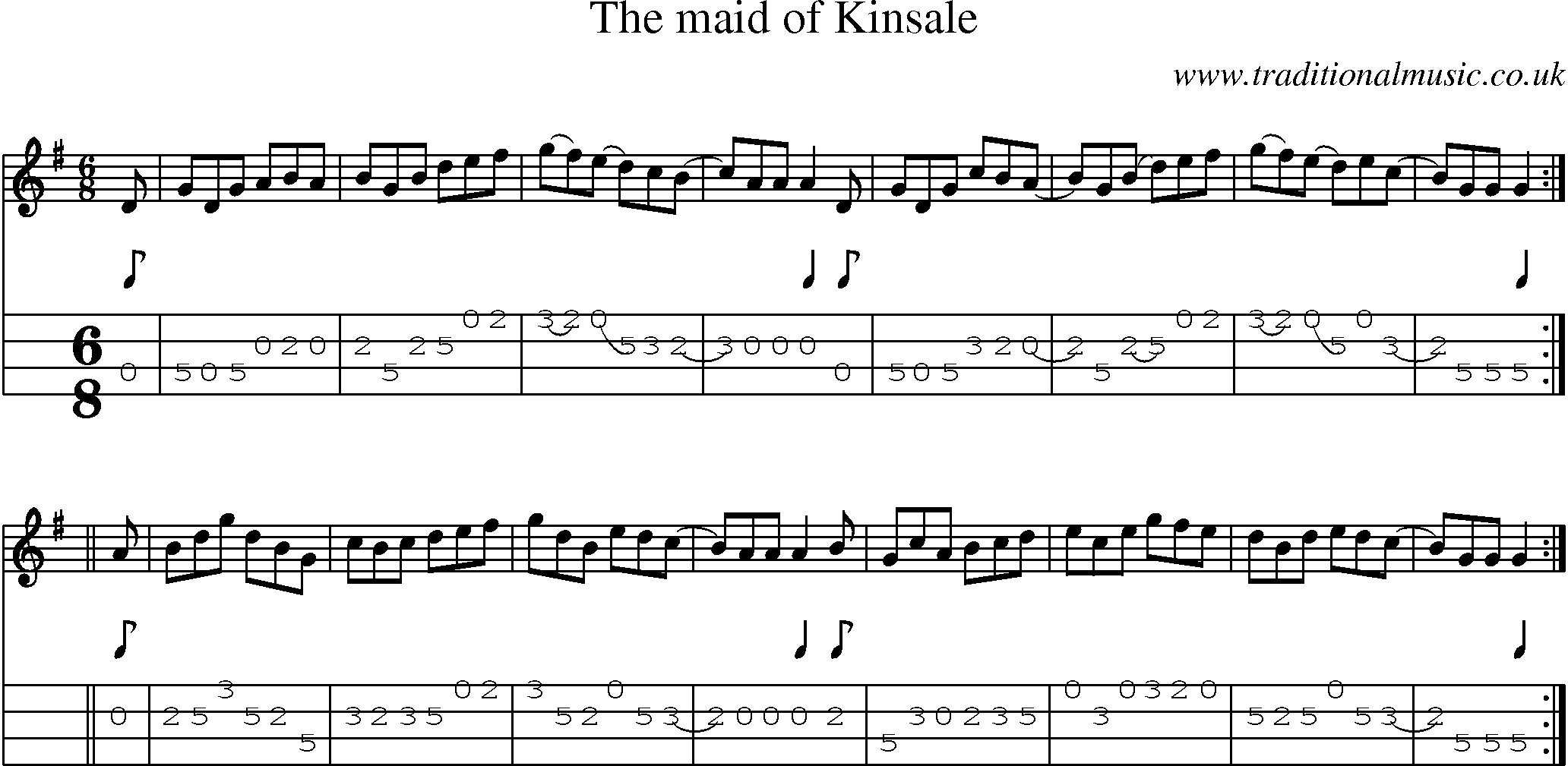 Music Score and Mandolin Tabs for Maid Of Kinsale