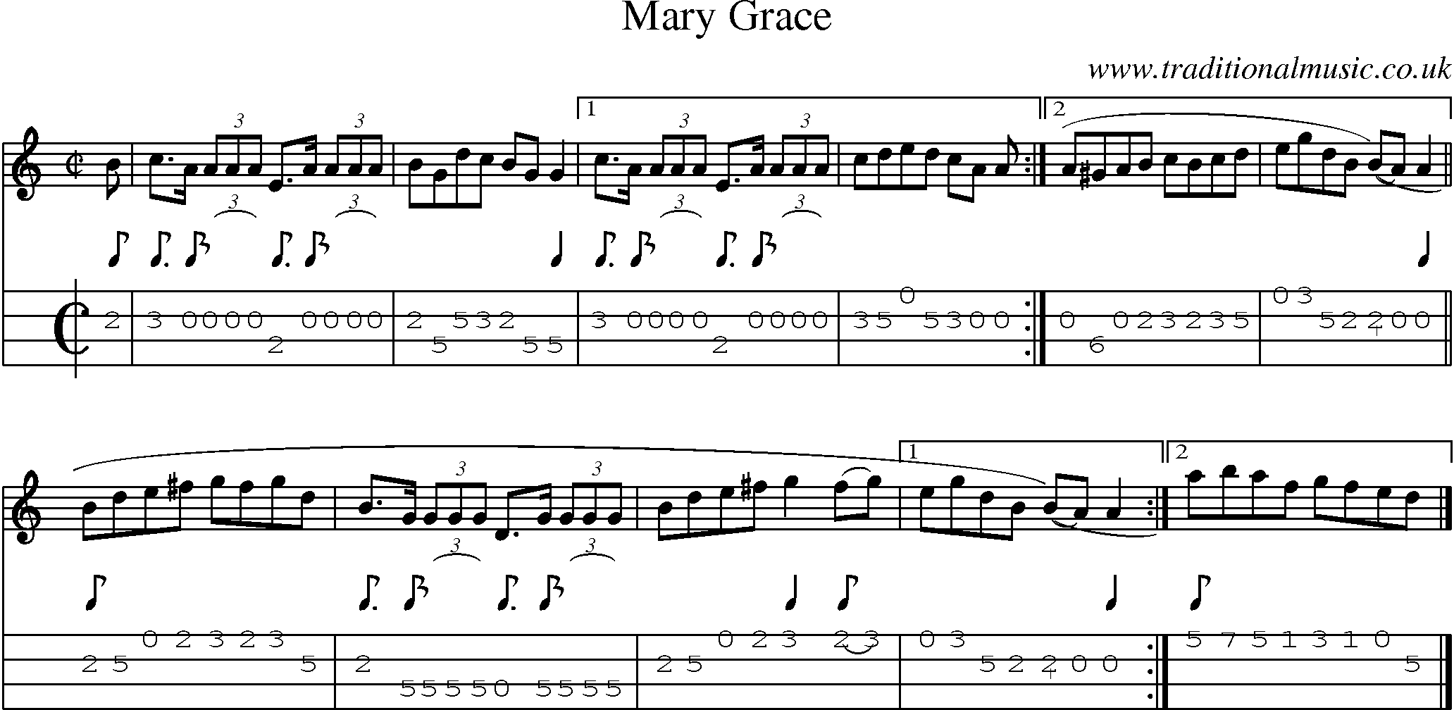 Music Score and Mandolin Tabs for Mary Grace
