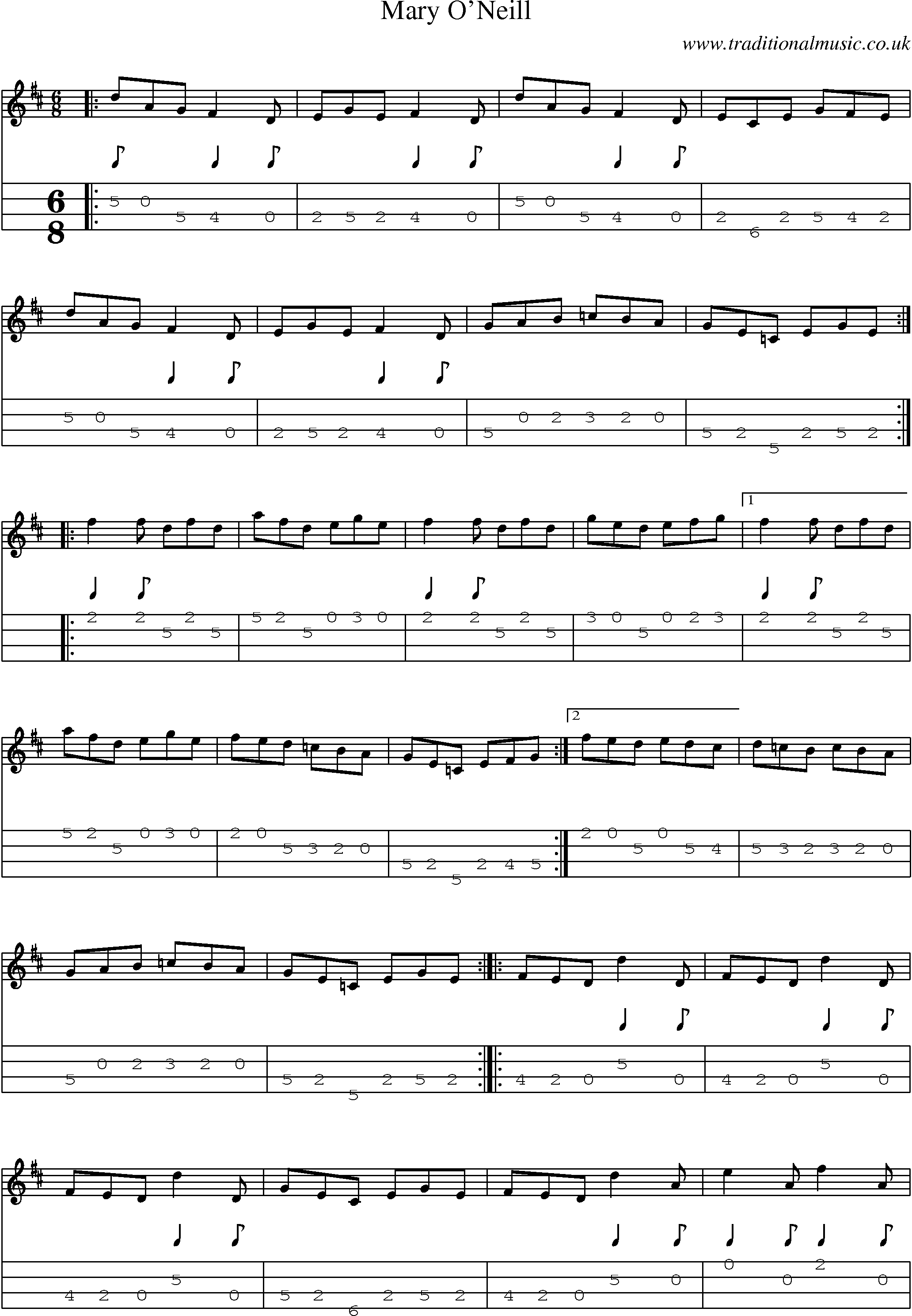 Music Score and Mandolin Tabs for Mary Oneill