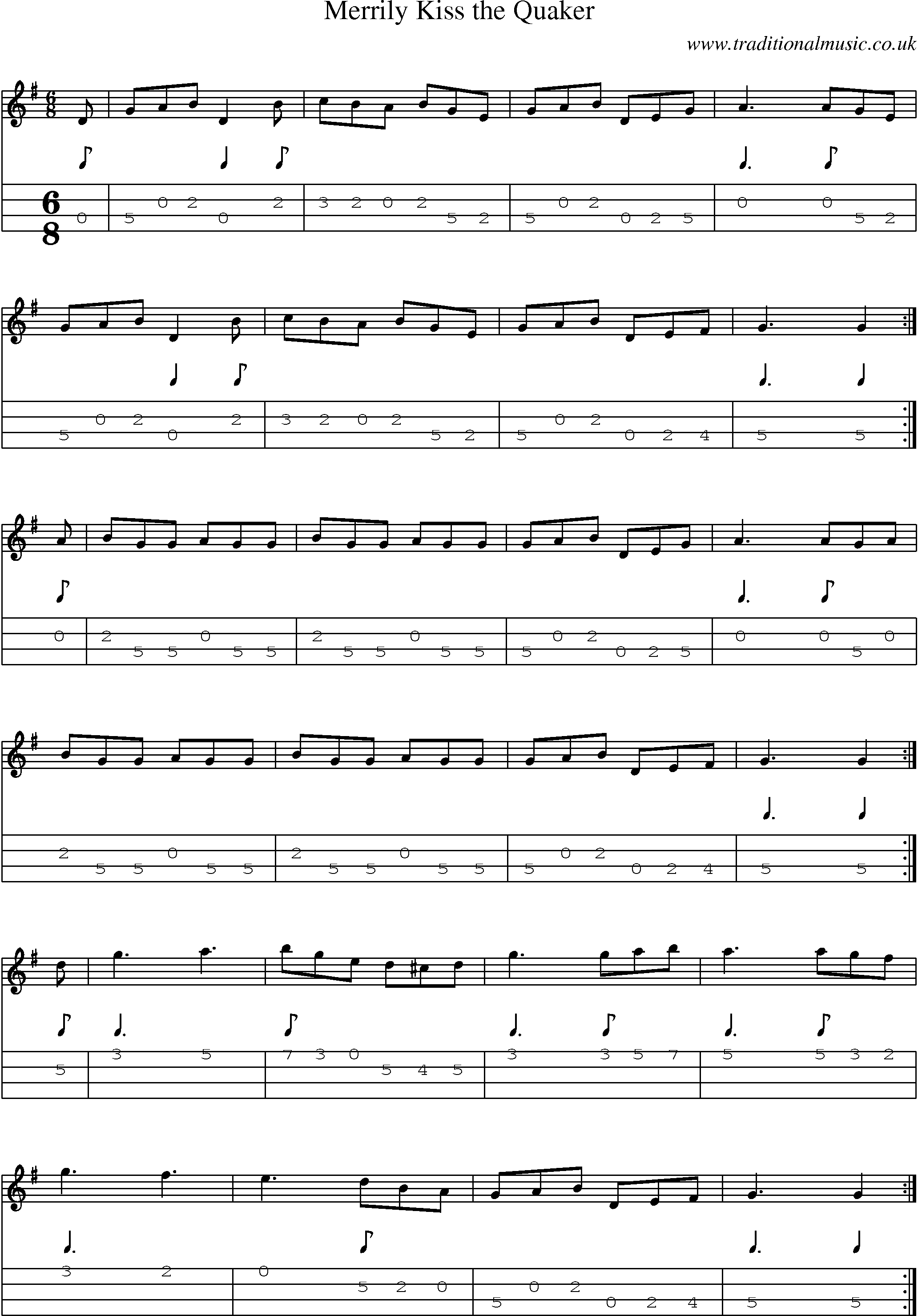 Music Score and Mandolin Tabs for Merrily Kiss Quaker