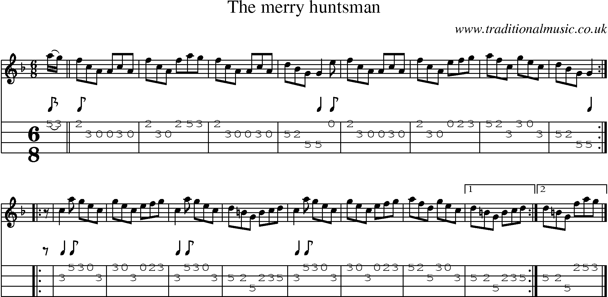 Music Score and Mandolin Tabs for Merry Huntsman