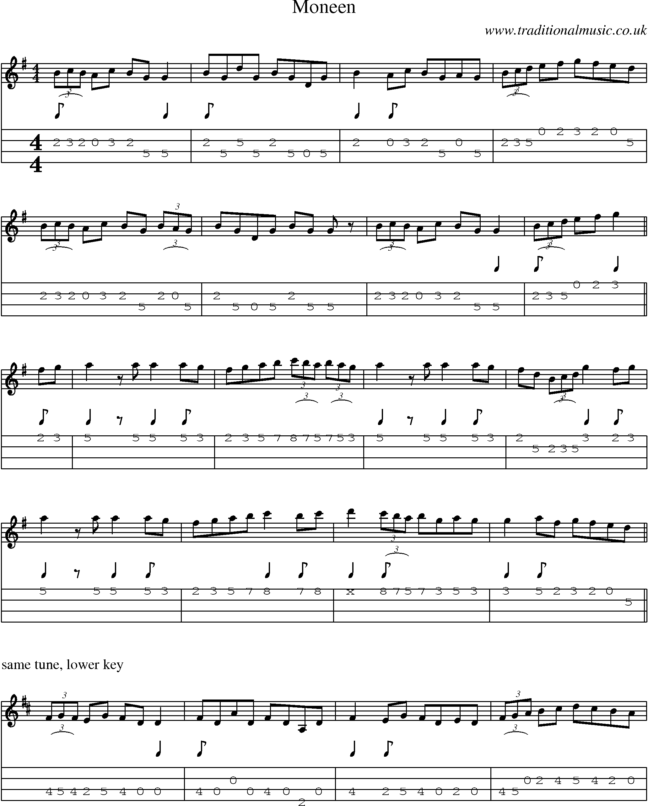 Music Score and Mandolin Tabs for Moneen