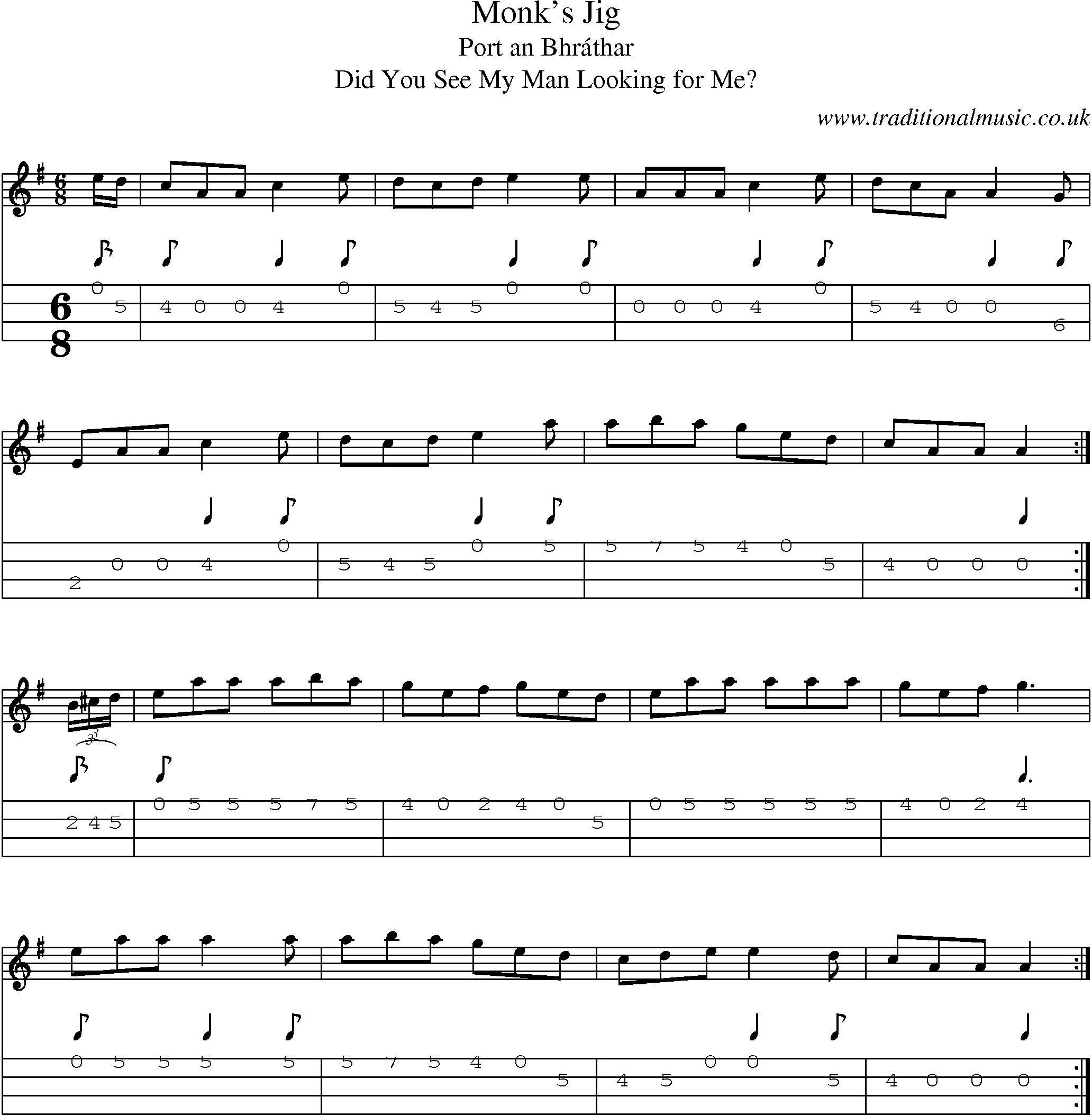 Music Score and Mandolin Tabs for Monks Jig