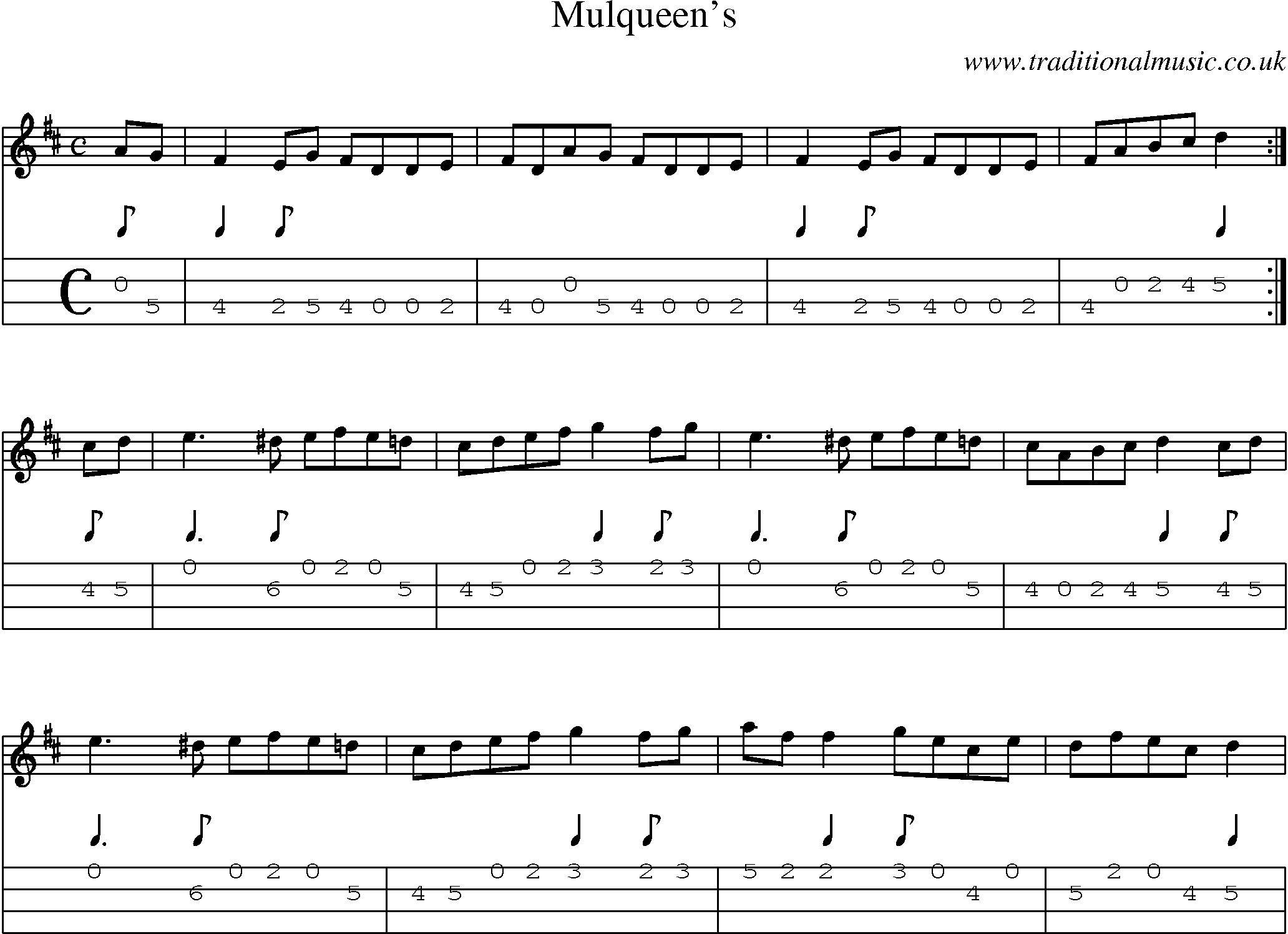 Music Score and Mandolin Tabs for Mulqueens