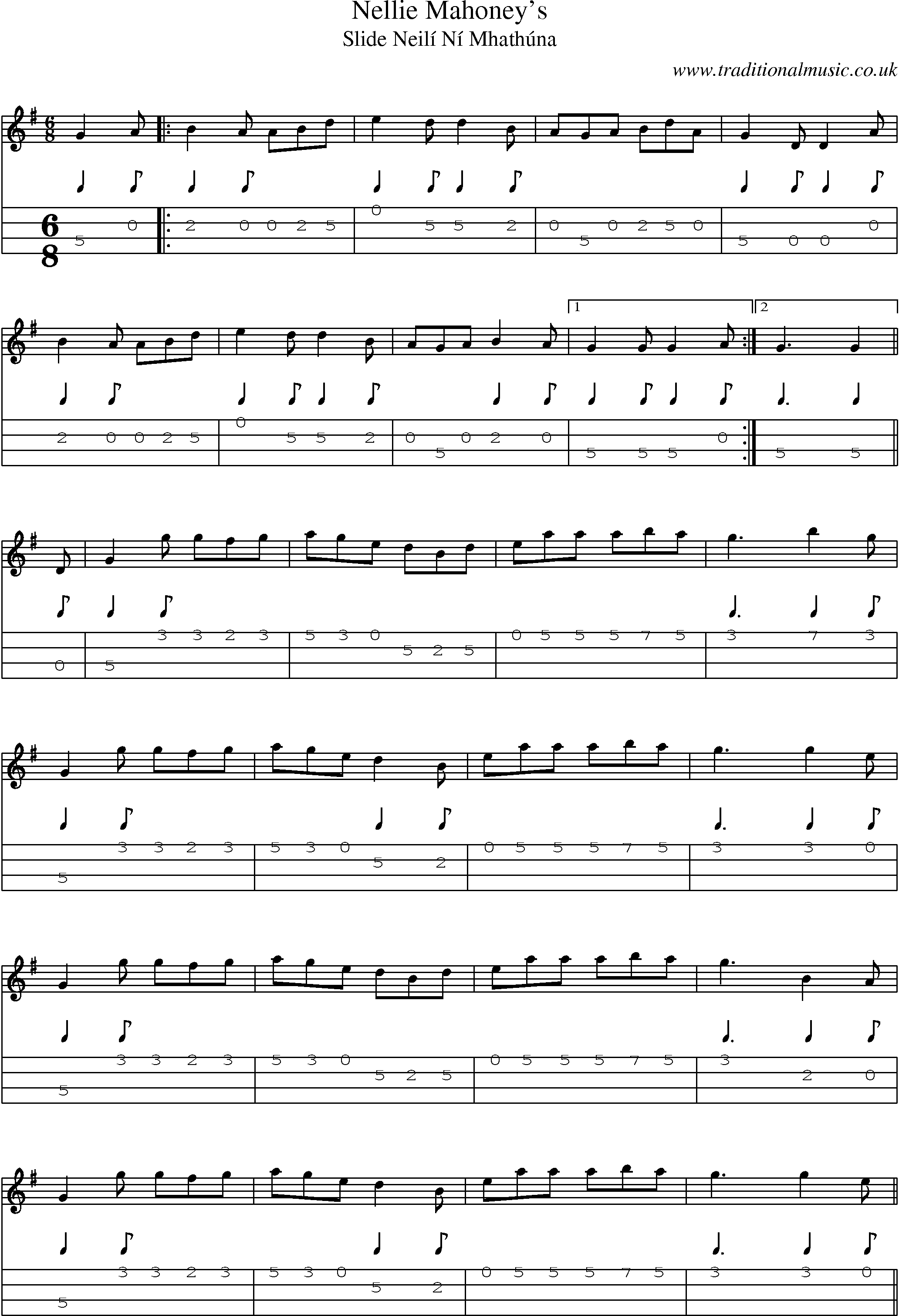 Music Score and Mandolin Tabs for Nellie Mahoneys