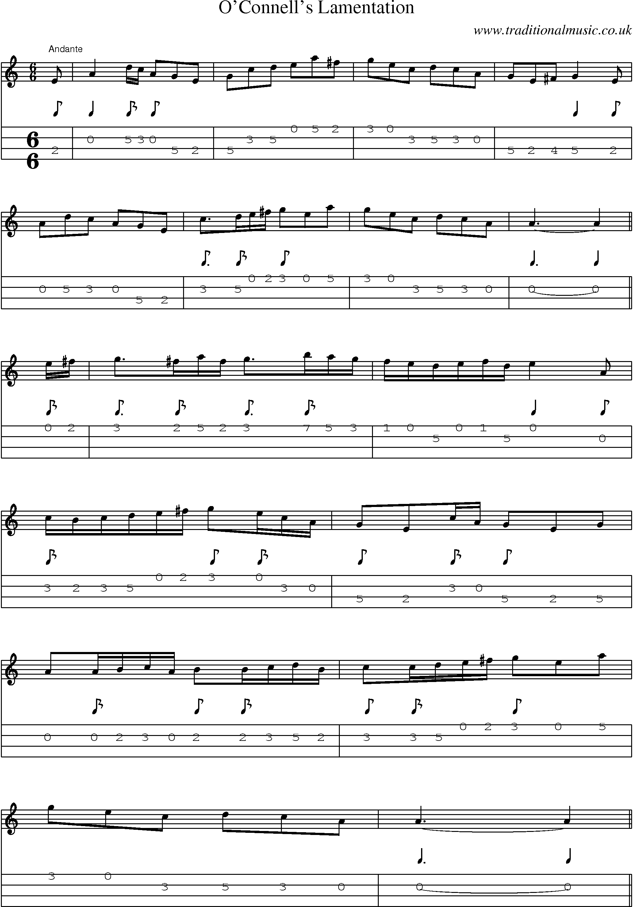 Music Score and Mandolin Tabs for Oconnells Lamentation