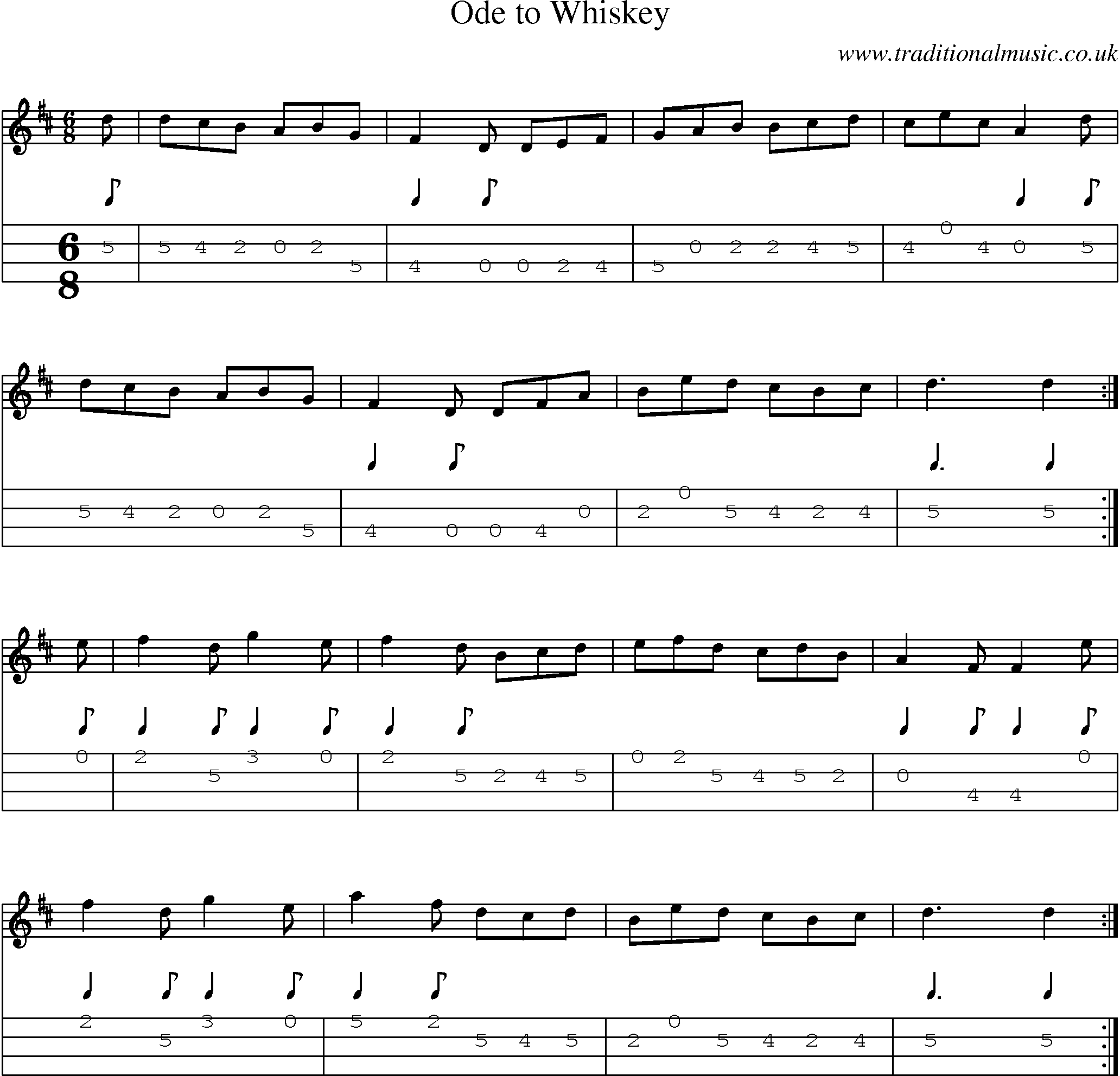 Music Score and Mandolin Tabs for Ode To Whiskey