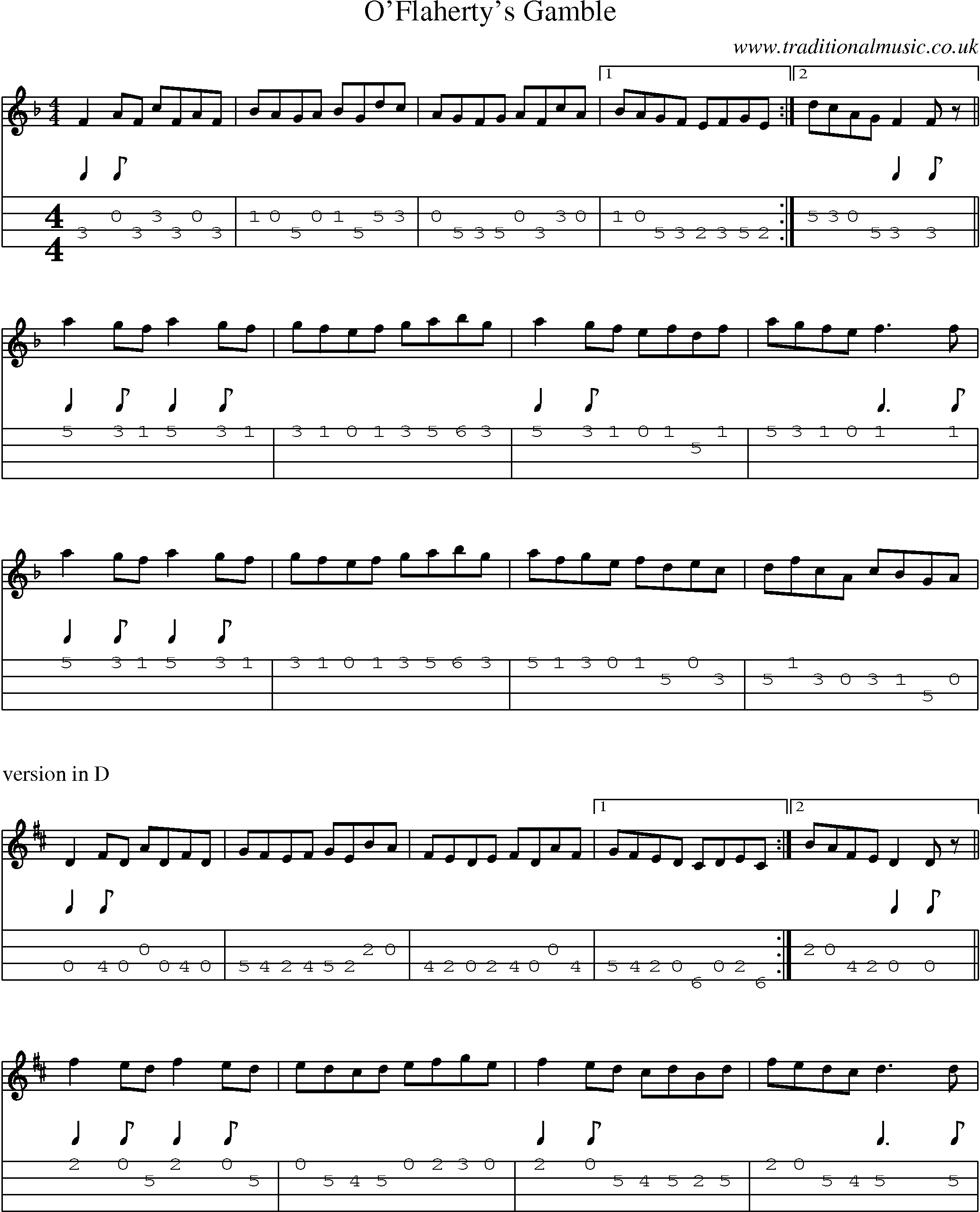 Music Score and Mandolin Tabs for Oflahertys Gamble
