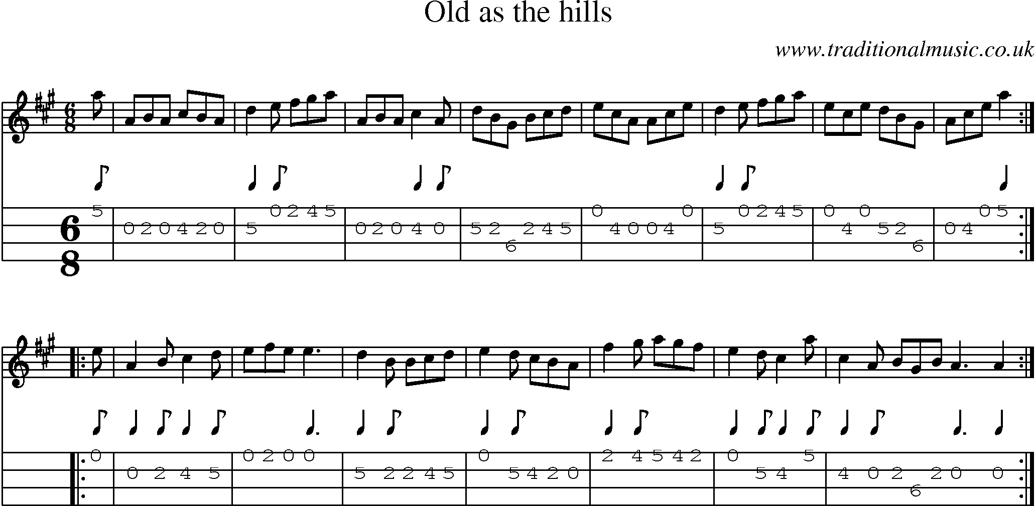 Music Score and Mandolin Tabs for Old As The Hills