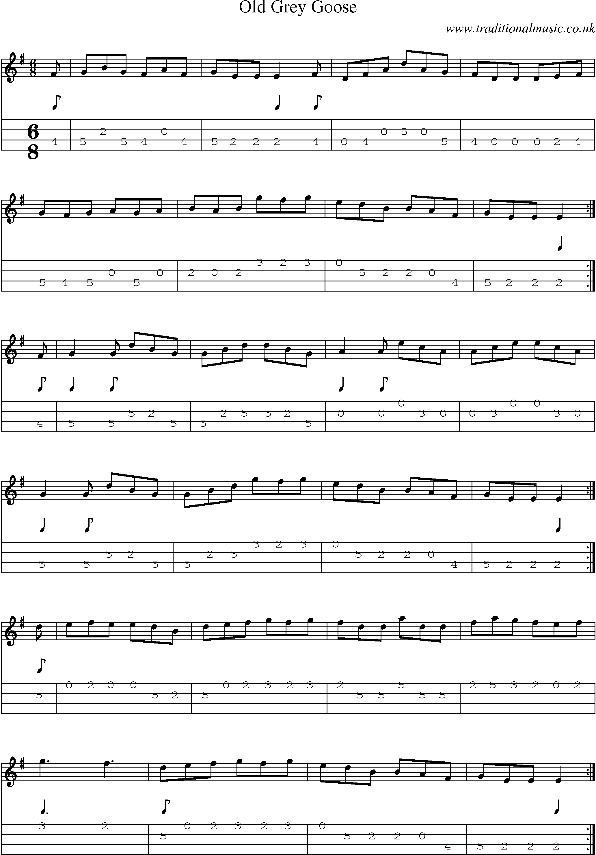 Music Score and Mandolin Tabs for Old Grey Goose