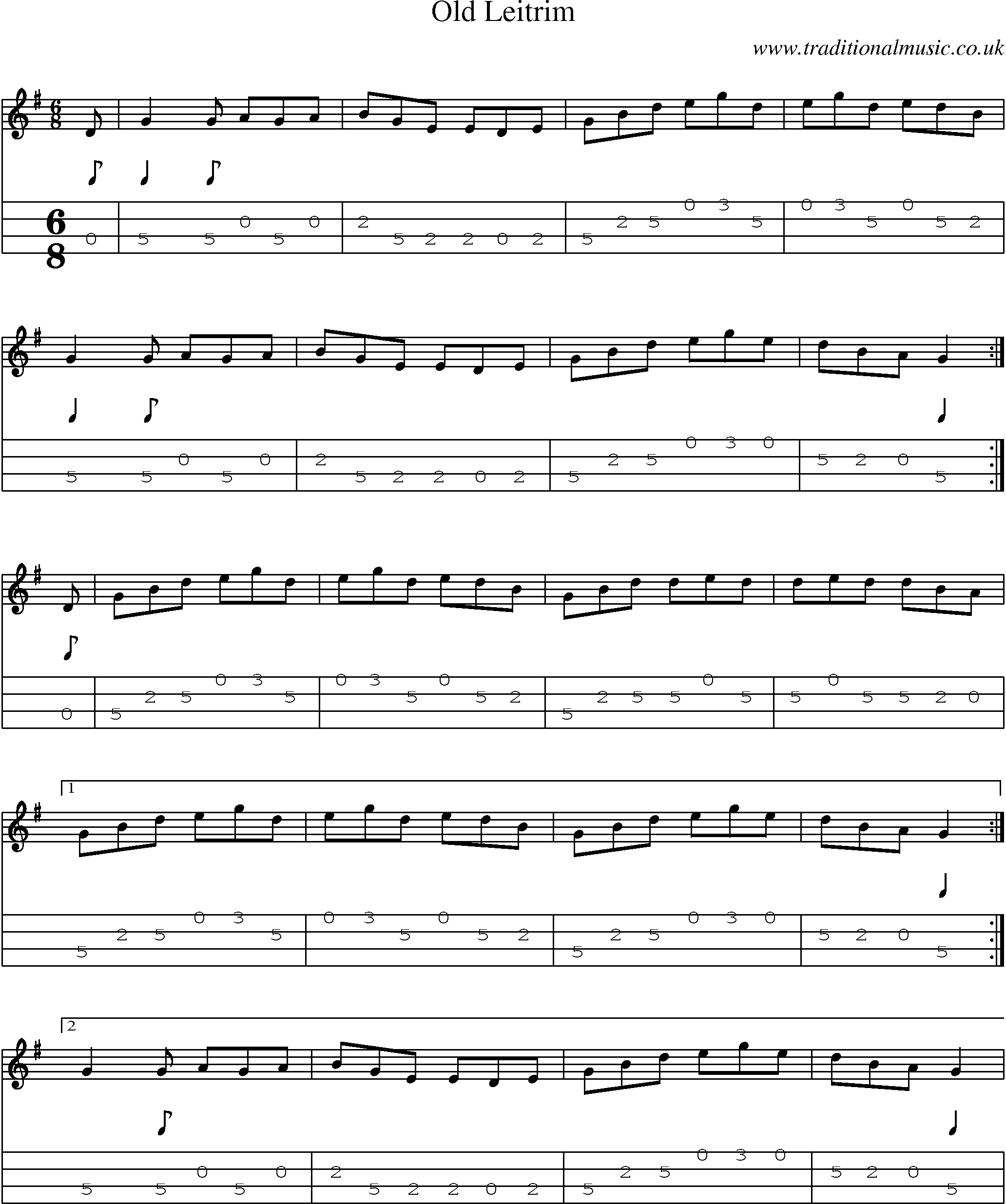 Music Score and Mandolin Tabs for Old Leitrim