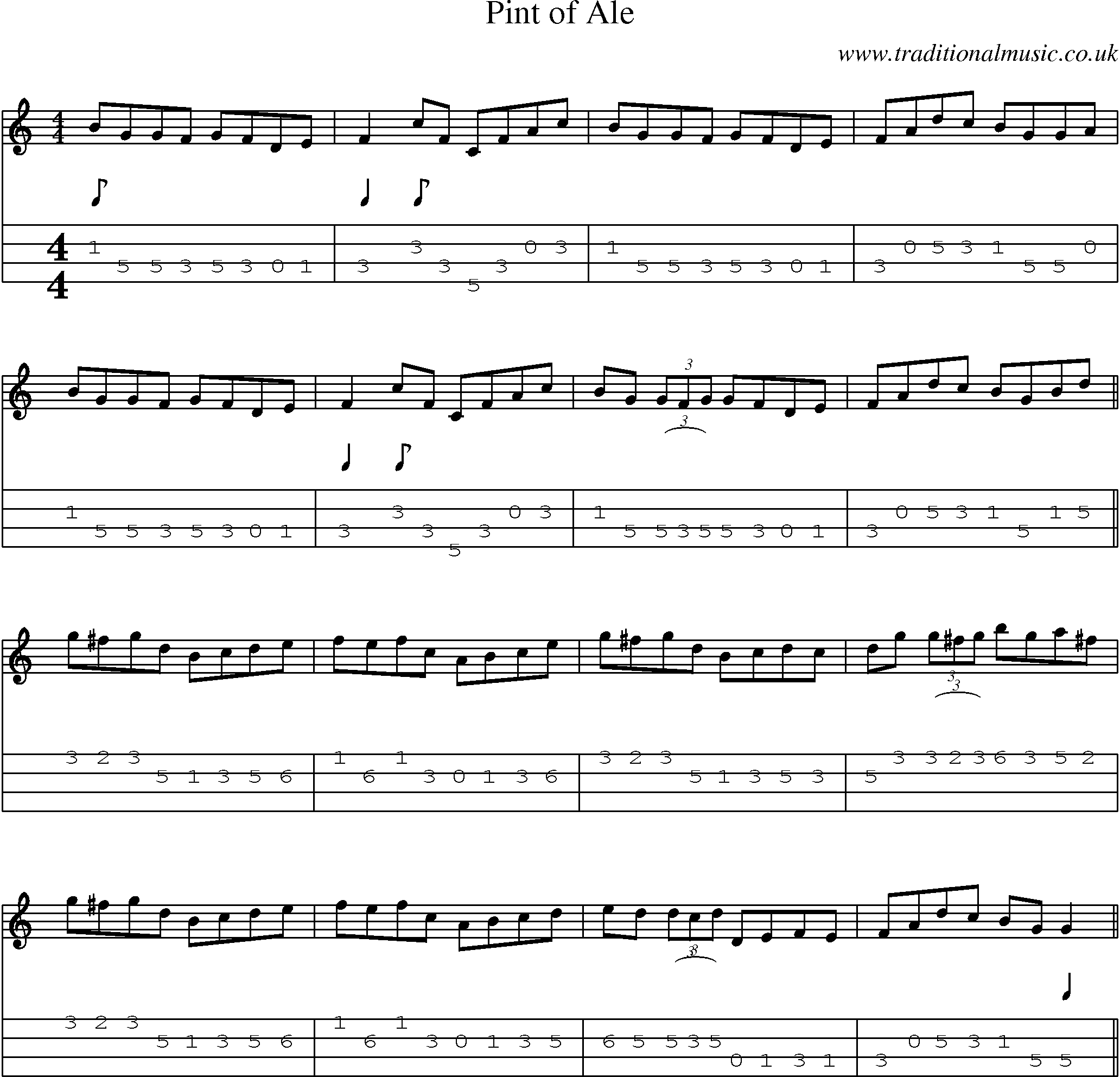 Music Score and Mandolin Tabs for Pint Of Ale