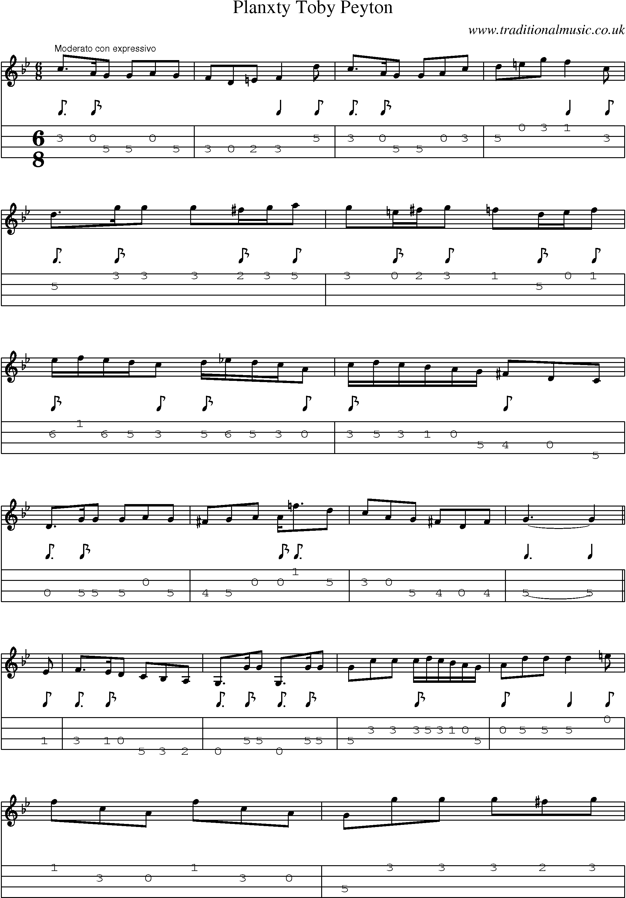 Music Score and Mandolin Tabs for Planxty Toby Peyton