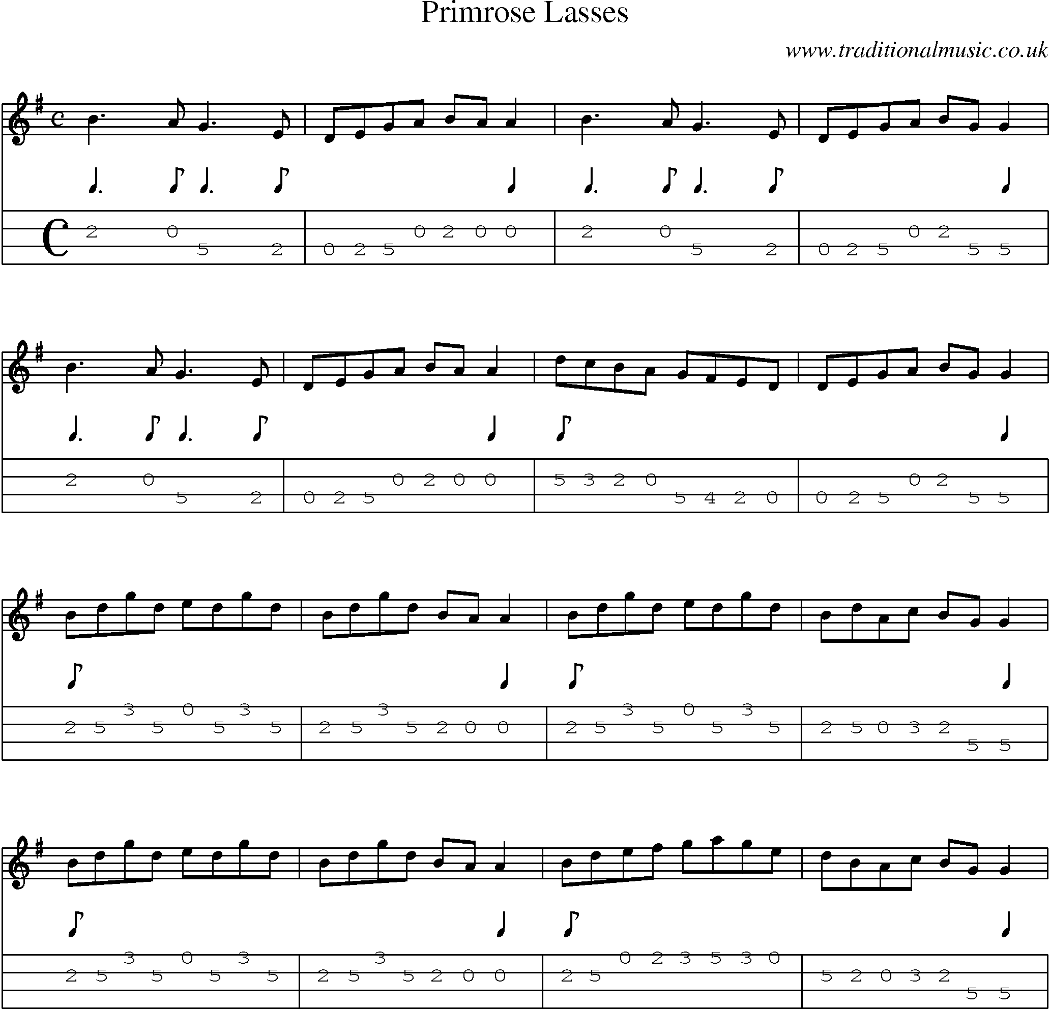 Music Score and Mandolin Tabs for Primrose Lasses