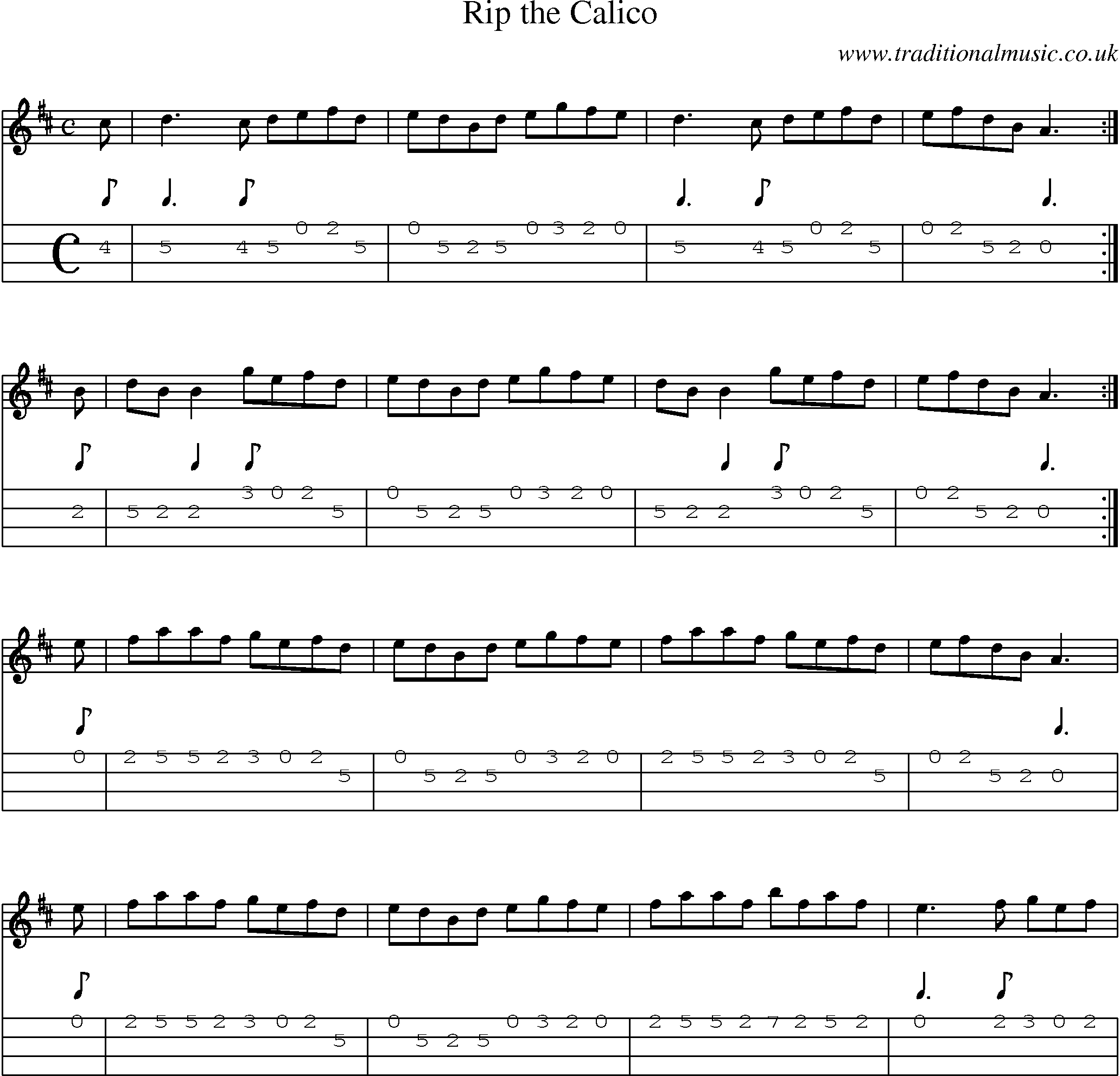 Music Score and Mandolin Tabs for Rip Calico