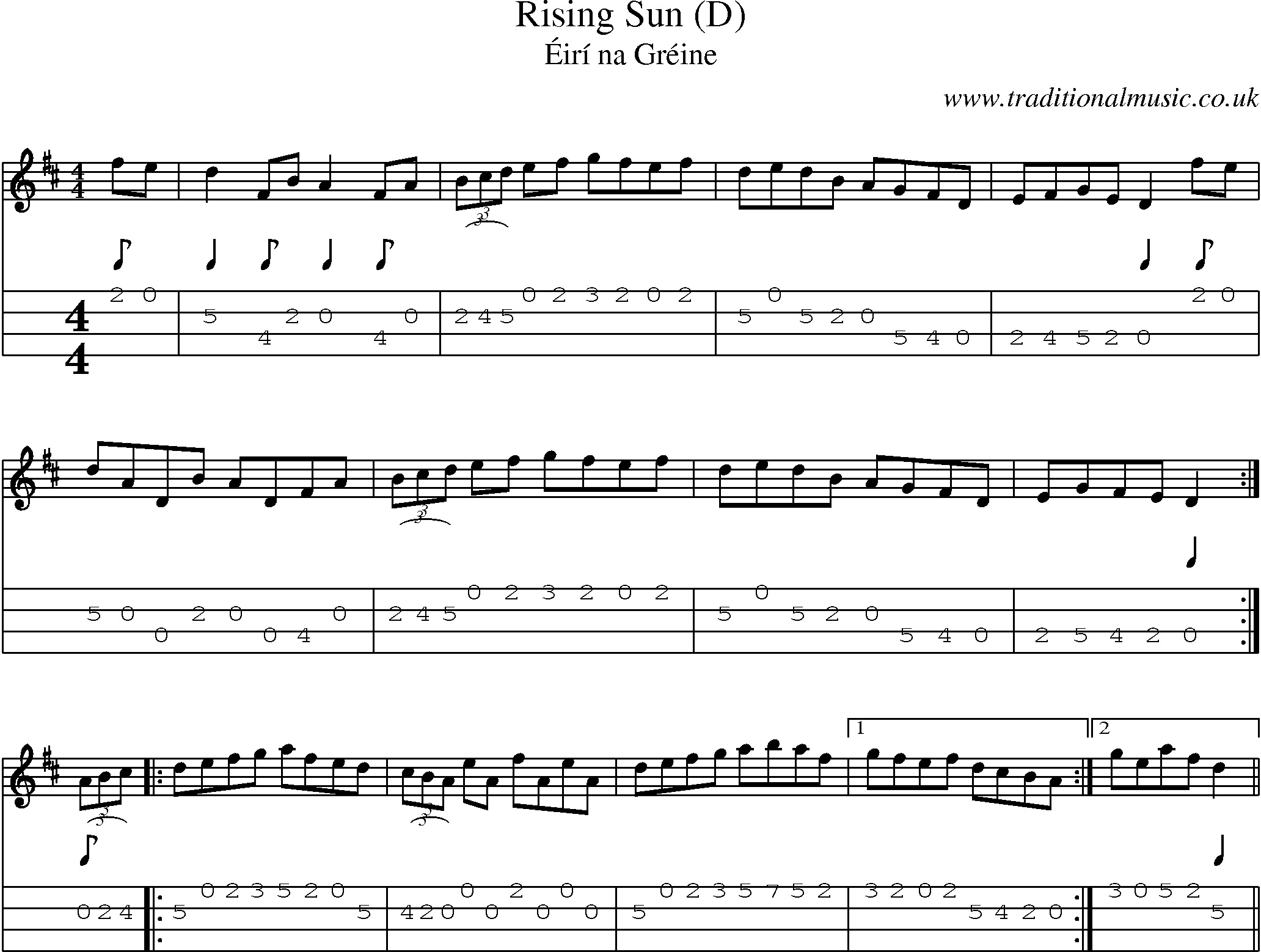 Music Score and Mandolin Tabs for Rising Sun (d)