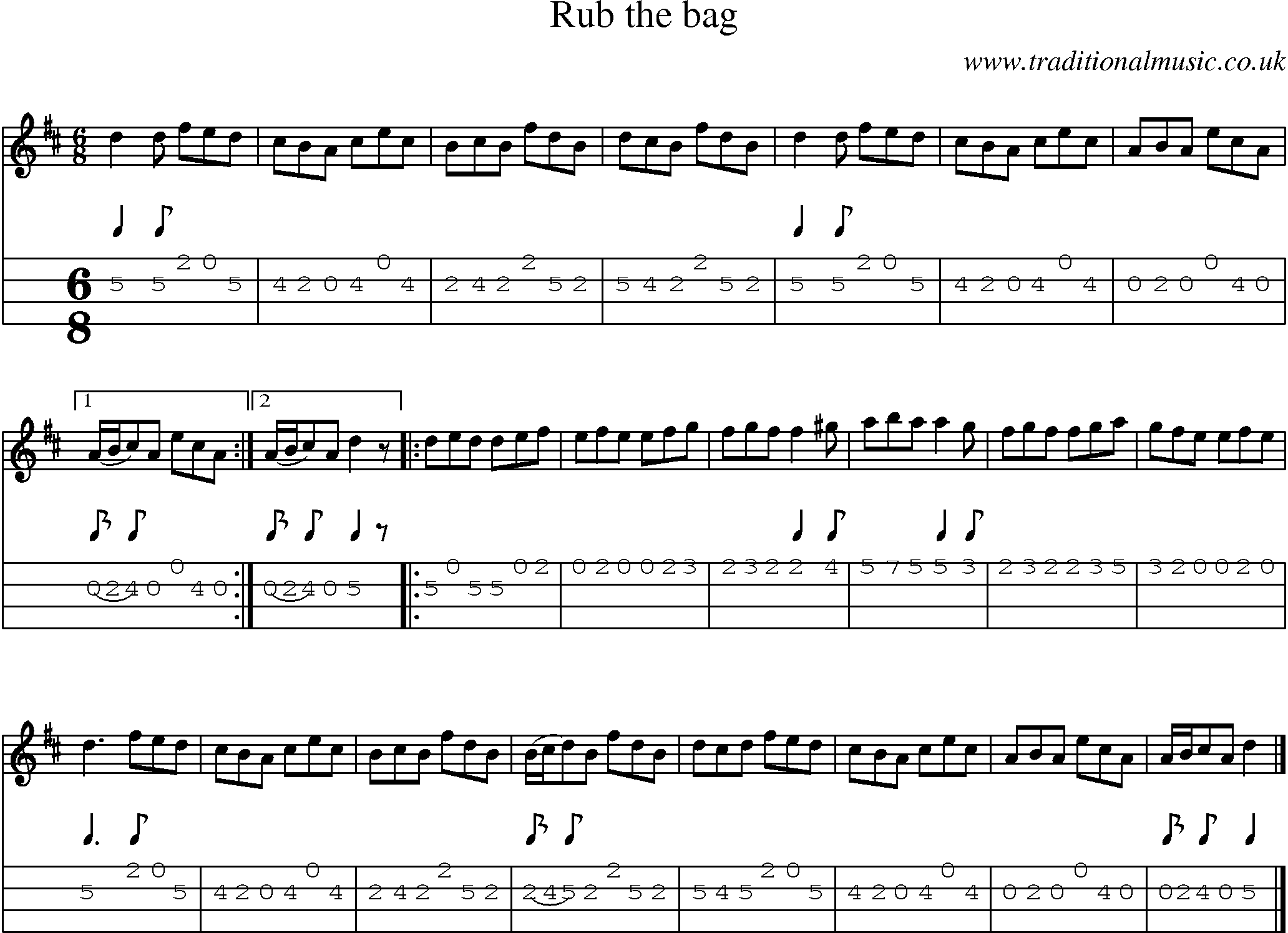 Music Score and Mandolin Tabs for Rub The Bag