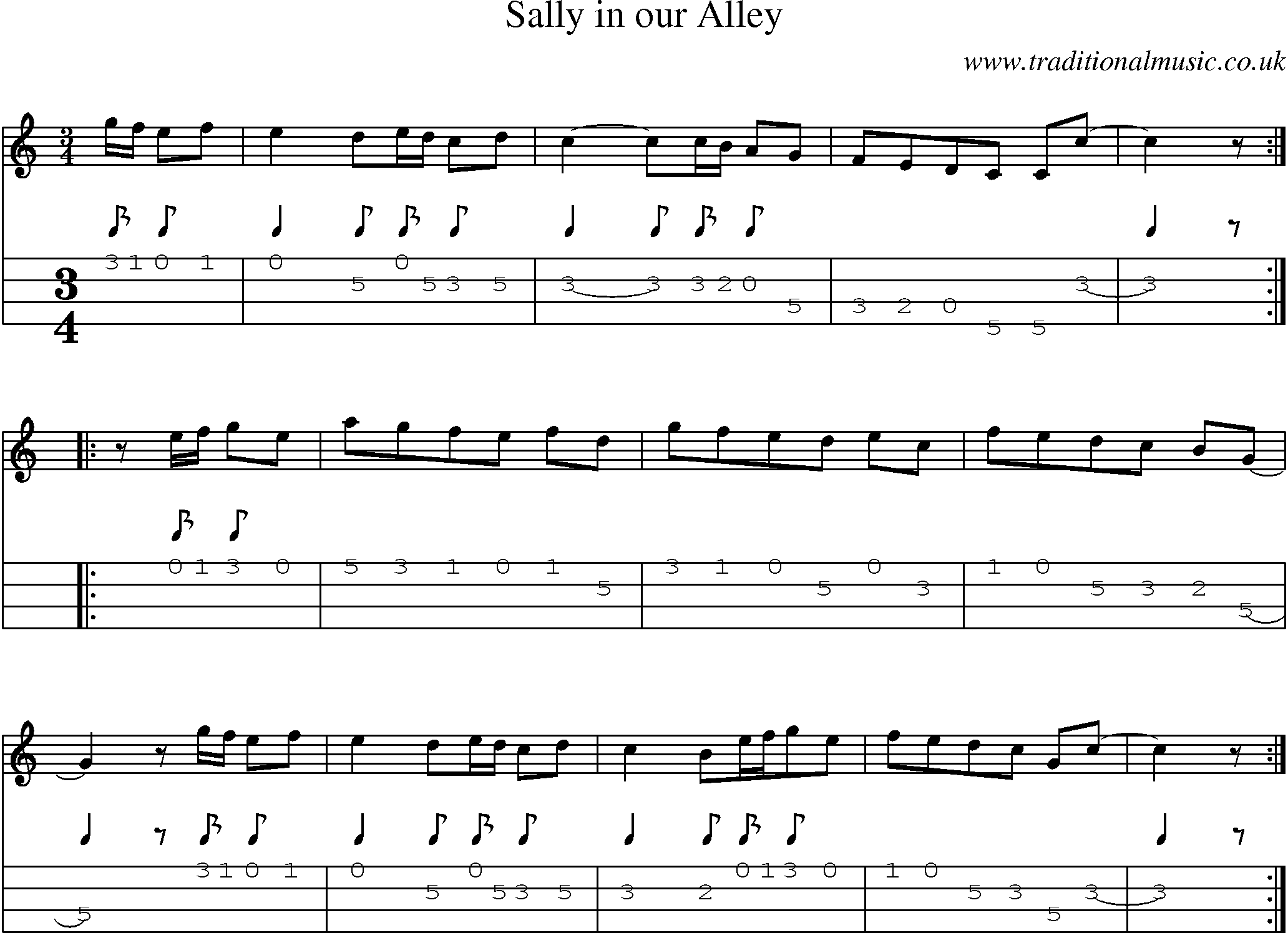 Music Score and Mandolin Tabs for Sally In Our Alley