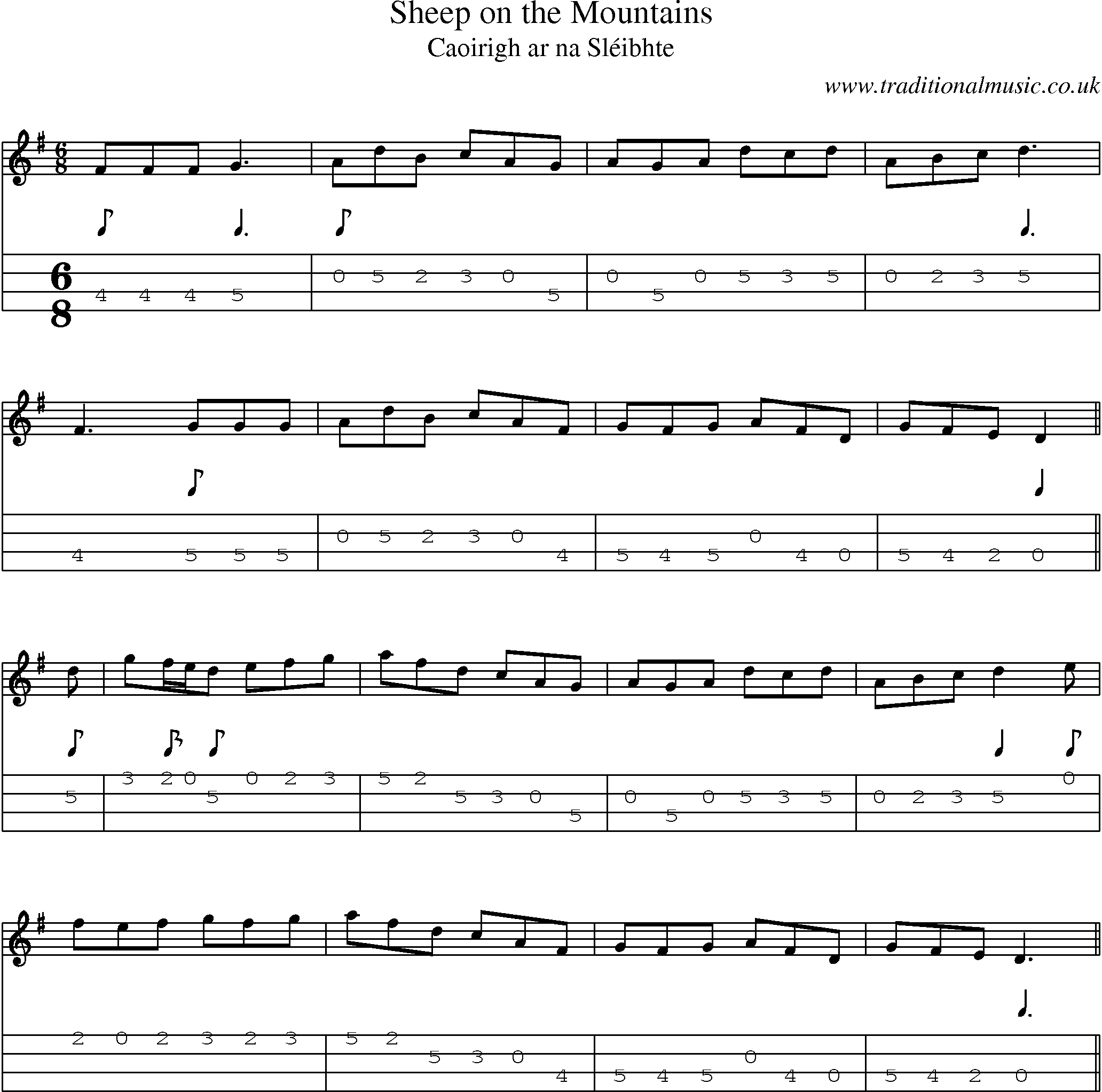 Music Score and Mandolin Tabs for Sheep On Mountains