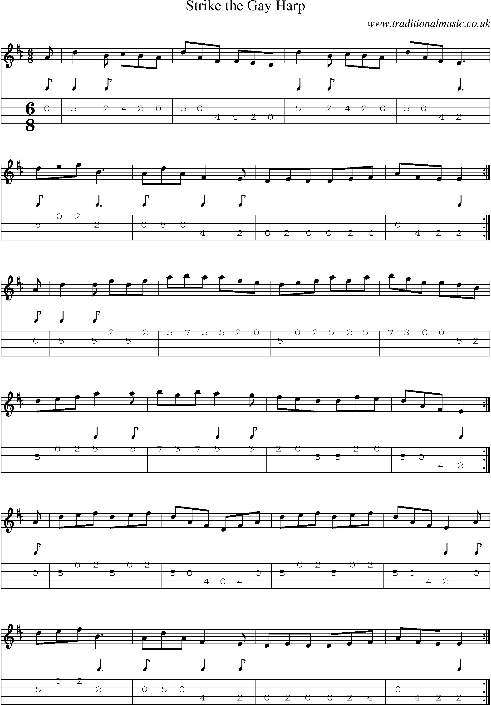 Music Score and Mandolin Tabs for Strike Gay Harp