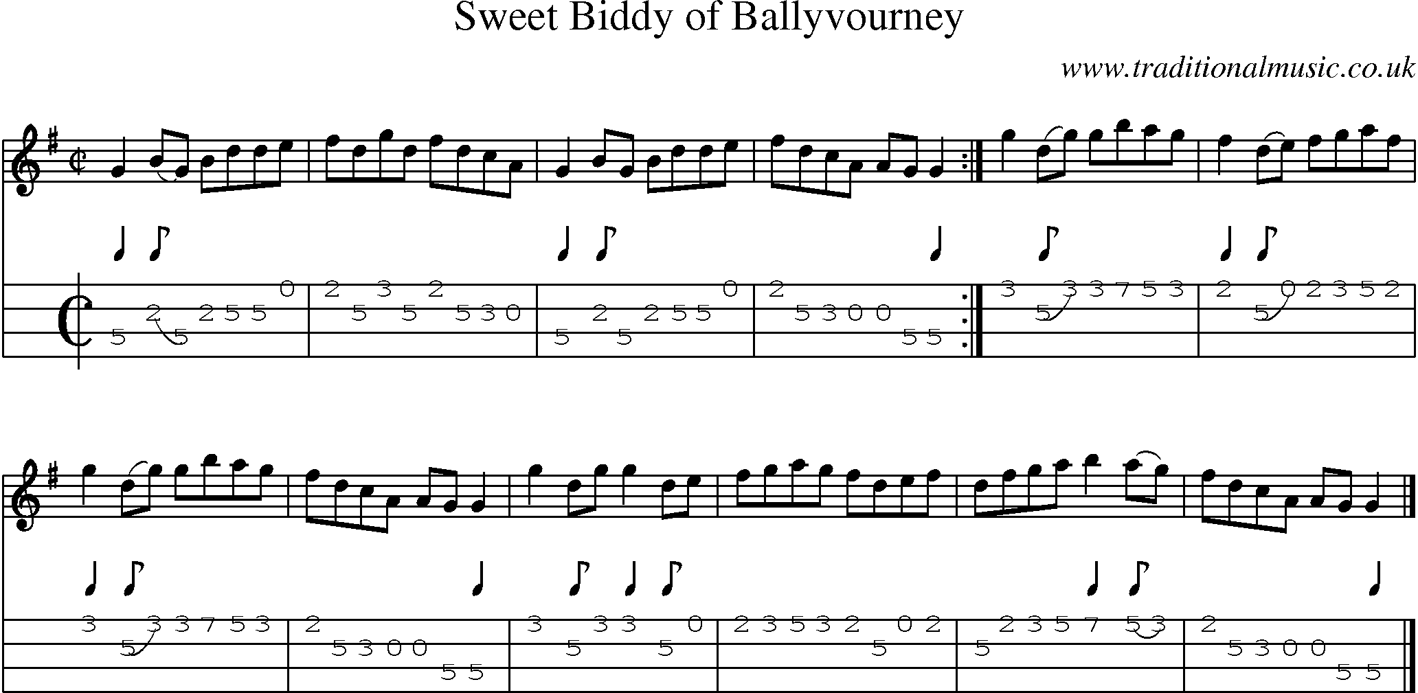 Music Score and Mandolin Tabs for Sweet Biddy Of Ballyvourney