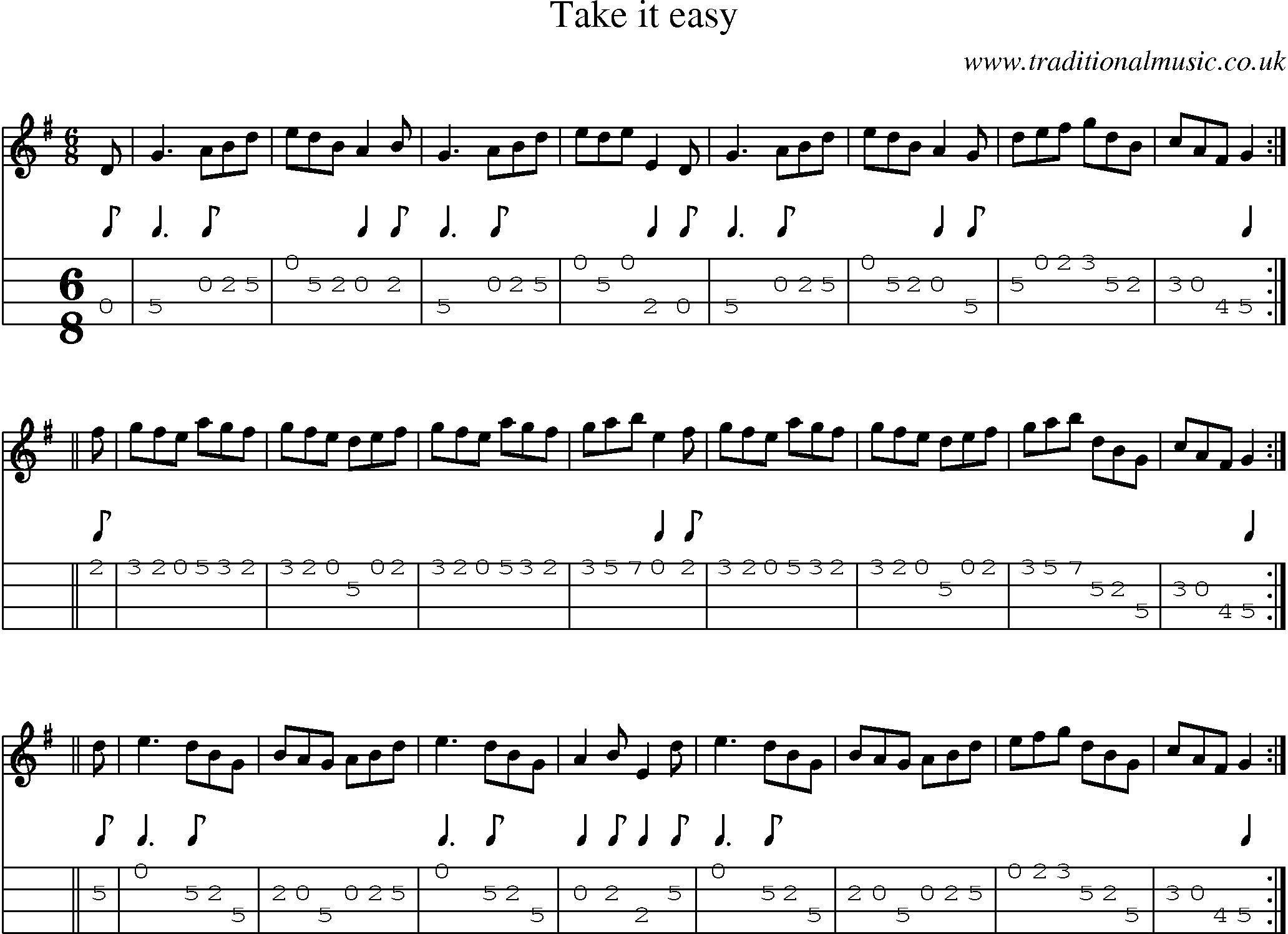 Music Score and Mandolin Tabs for Take It Easy
