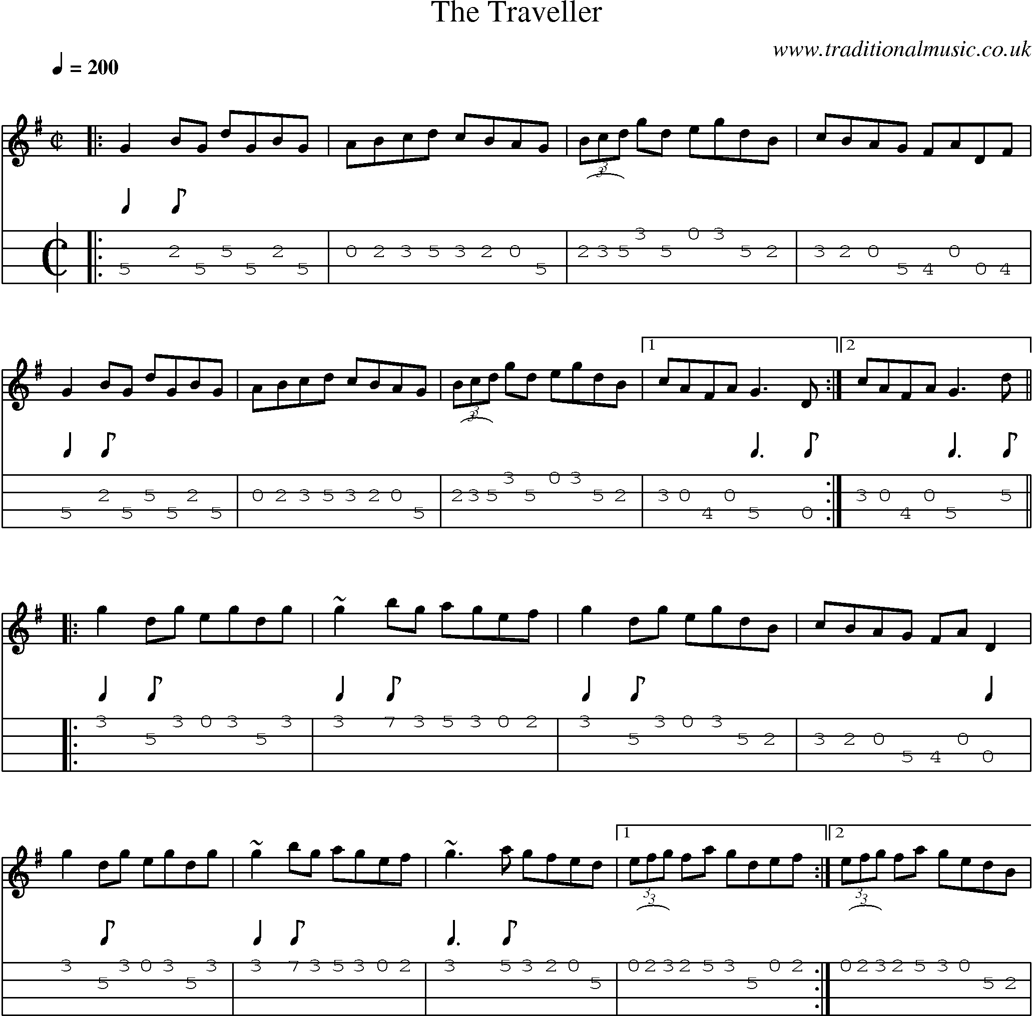 Music Score and Mandolin Tabs for The Traveller
