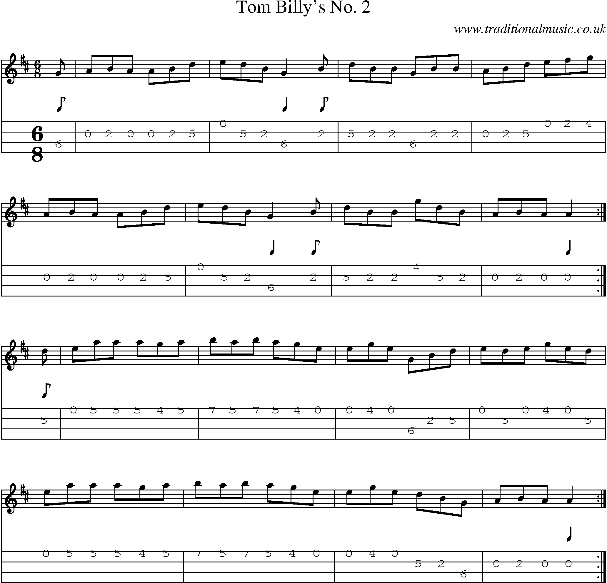 Music Score and Mandolin Tabs for Tom Billys No 2