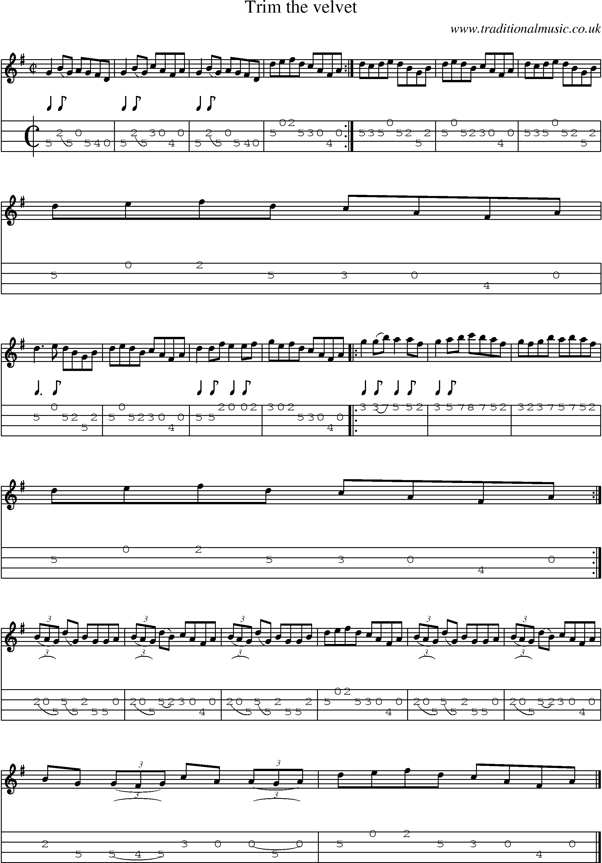 Music Score and Mandolin Tabs for Trim The Velvet
