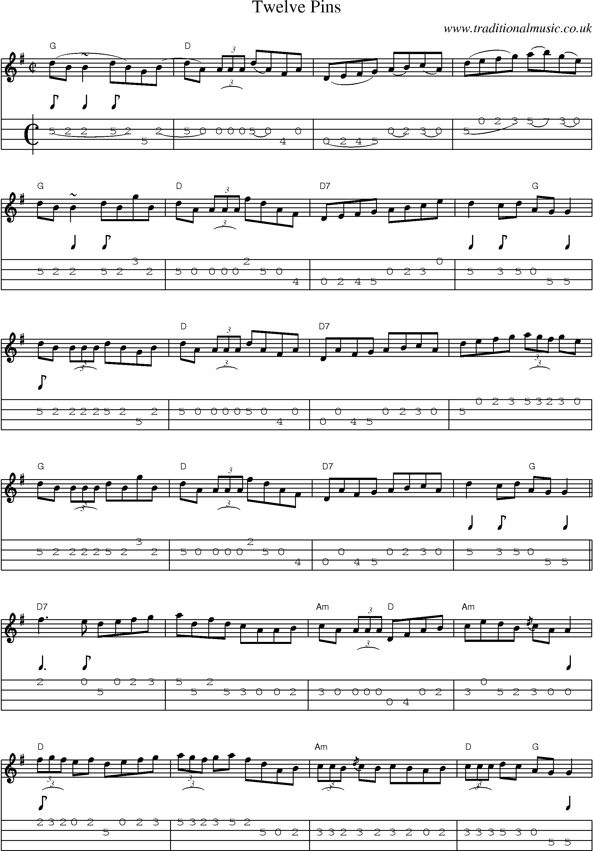 Music Score and Mandolin Tabs for Twelve Pins