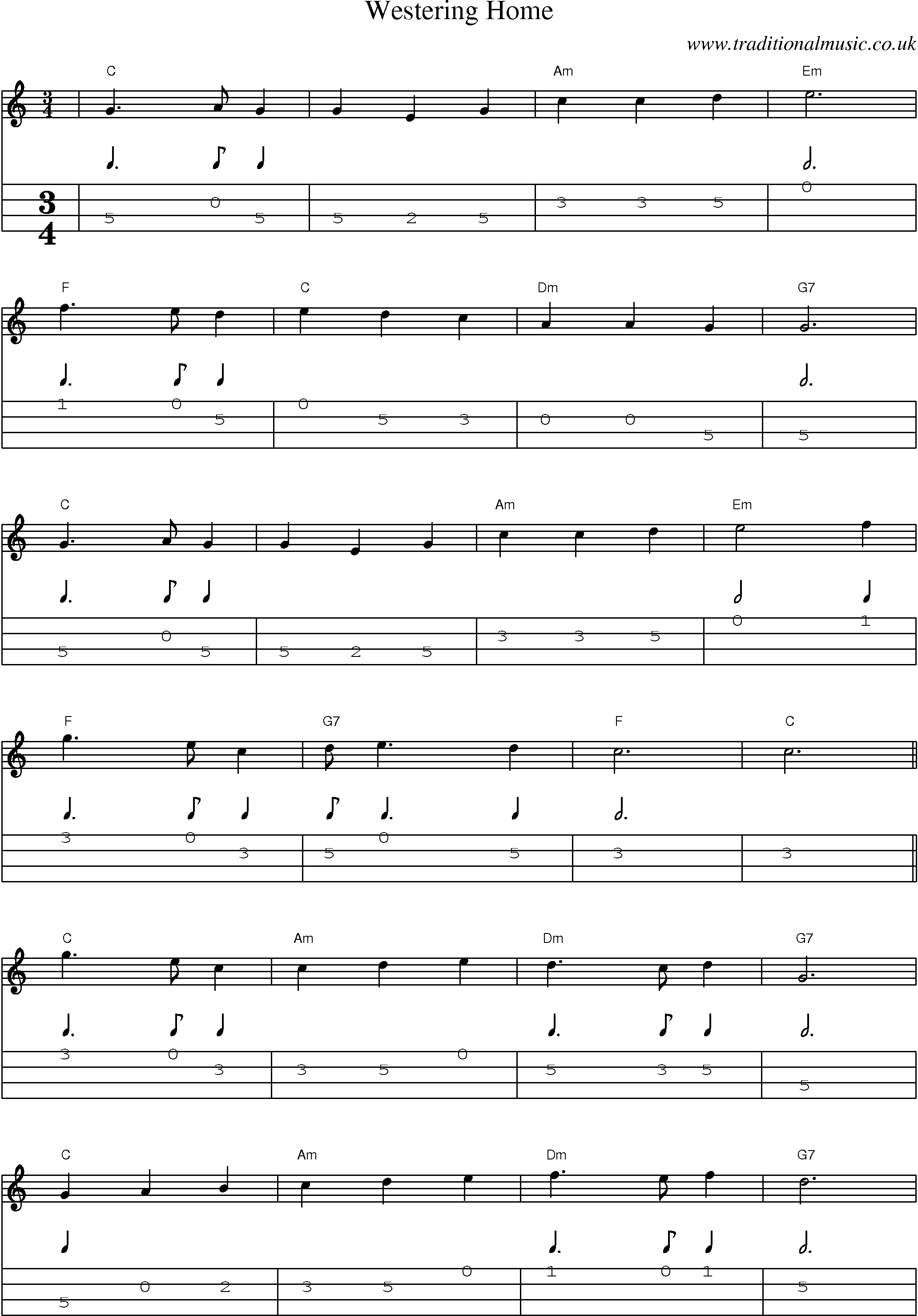 Music Score and Mandolin Tabs for Westering Home