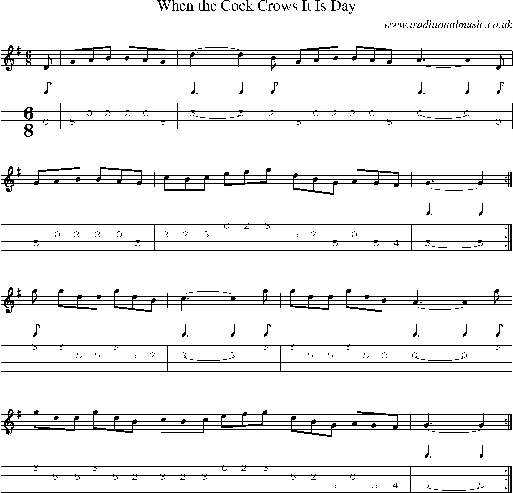 Music Score and Mandolin Tabs for When Cock Crows It Is Day