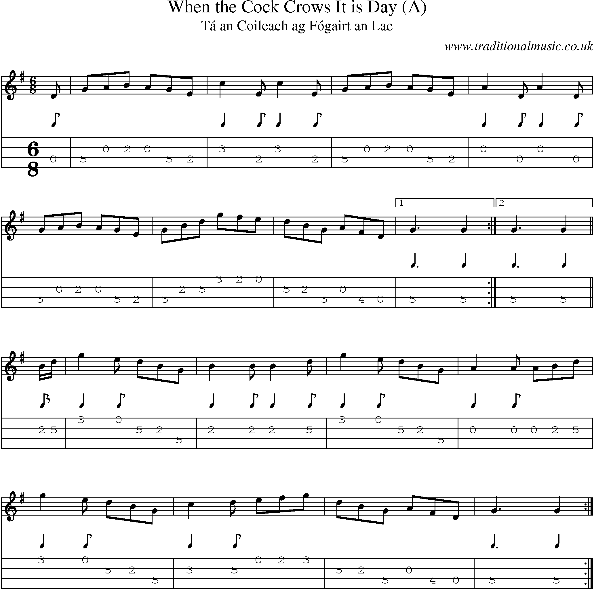 Music Score and Mandolin Tabs for When Cock Crows It Is Day (a)