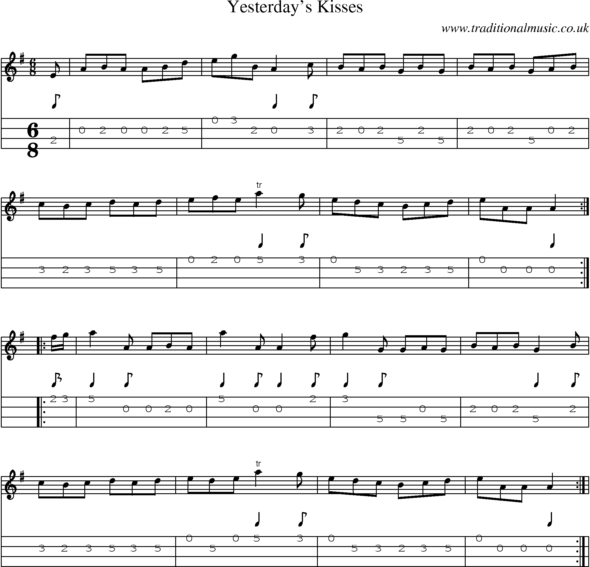 Music Score and Mandolin Tabs for Yesterdays Kisses