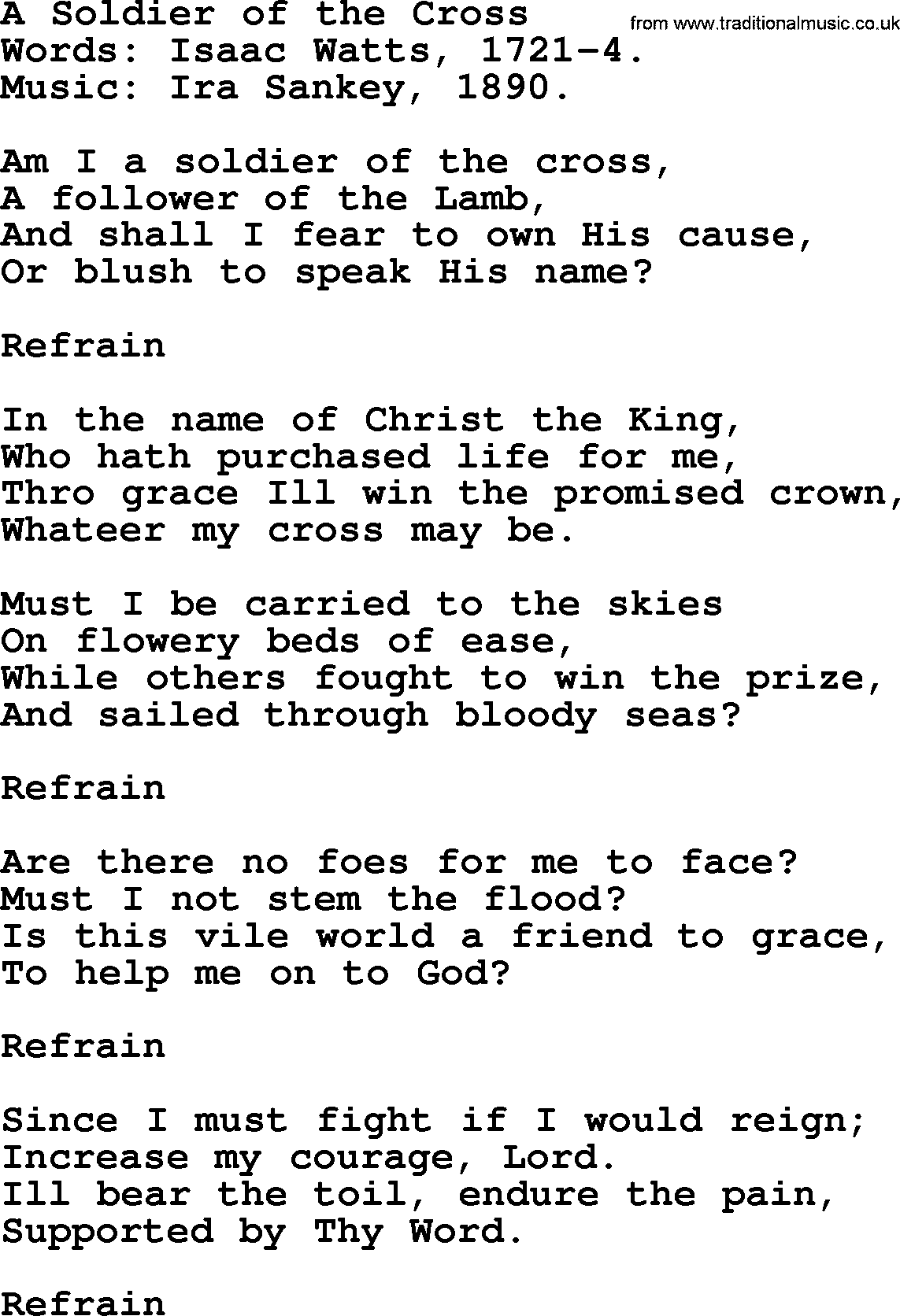 Isaac Watts Christian hymn: A Soldier of the Cross- lyricss