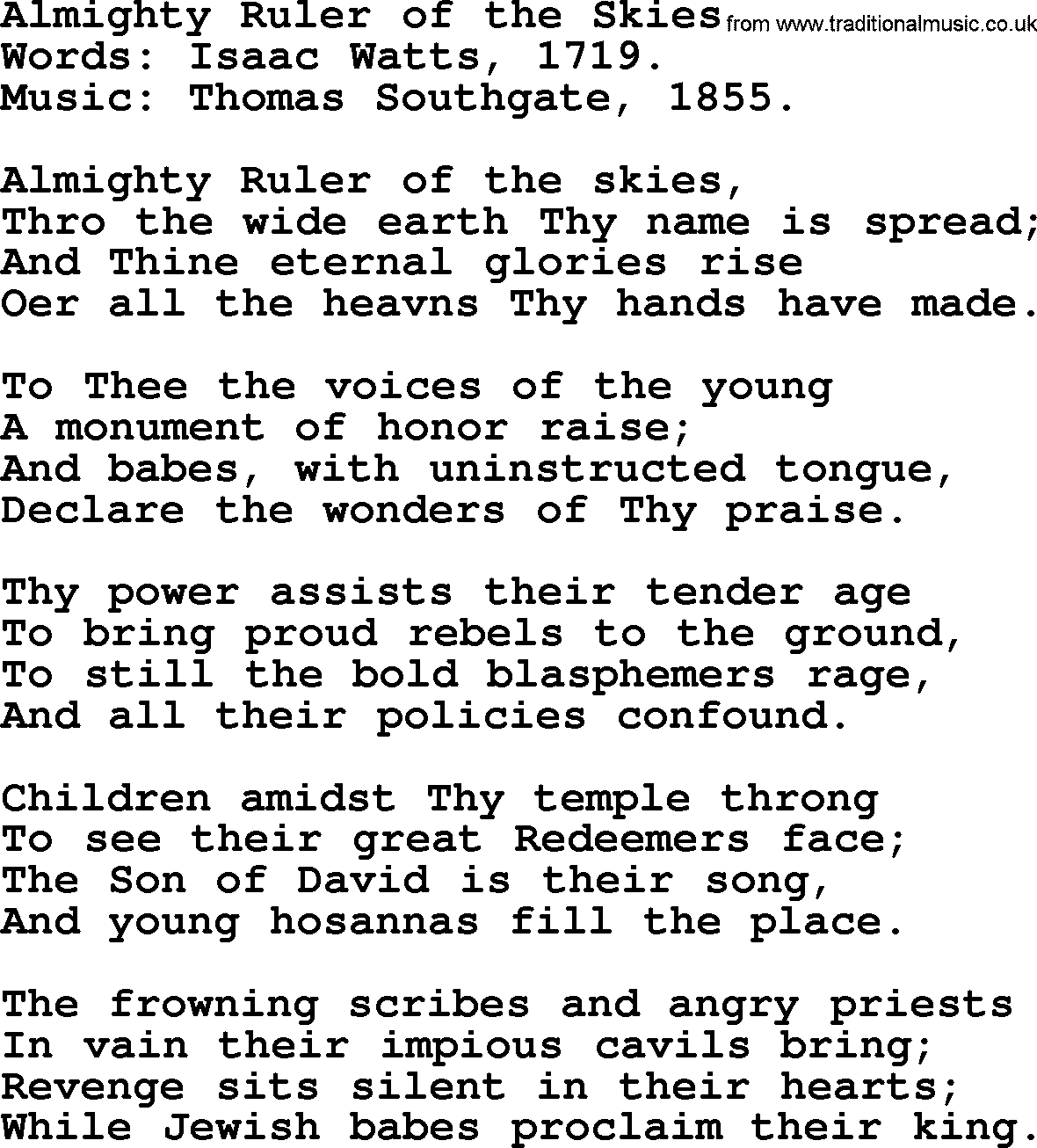 Isaac Watts Christian hymn: Almighty Ruler of the Skies- lyricss