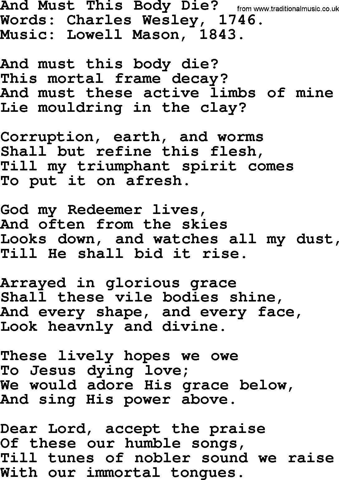 Isaac Watts Christian hymn: And Must This Body Die_- lyricss
