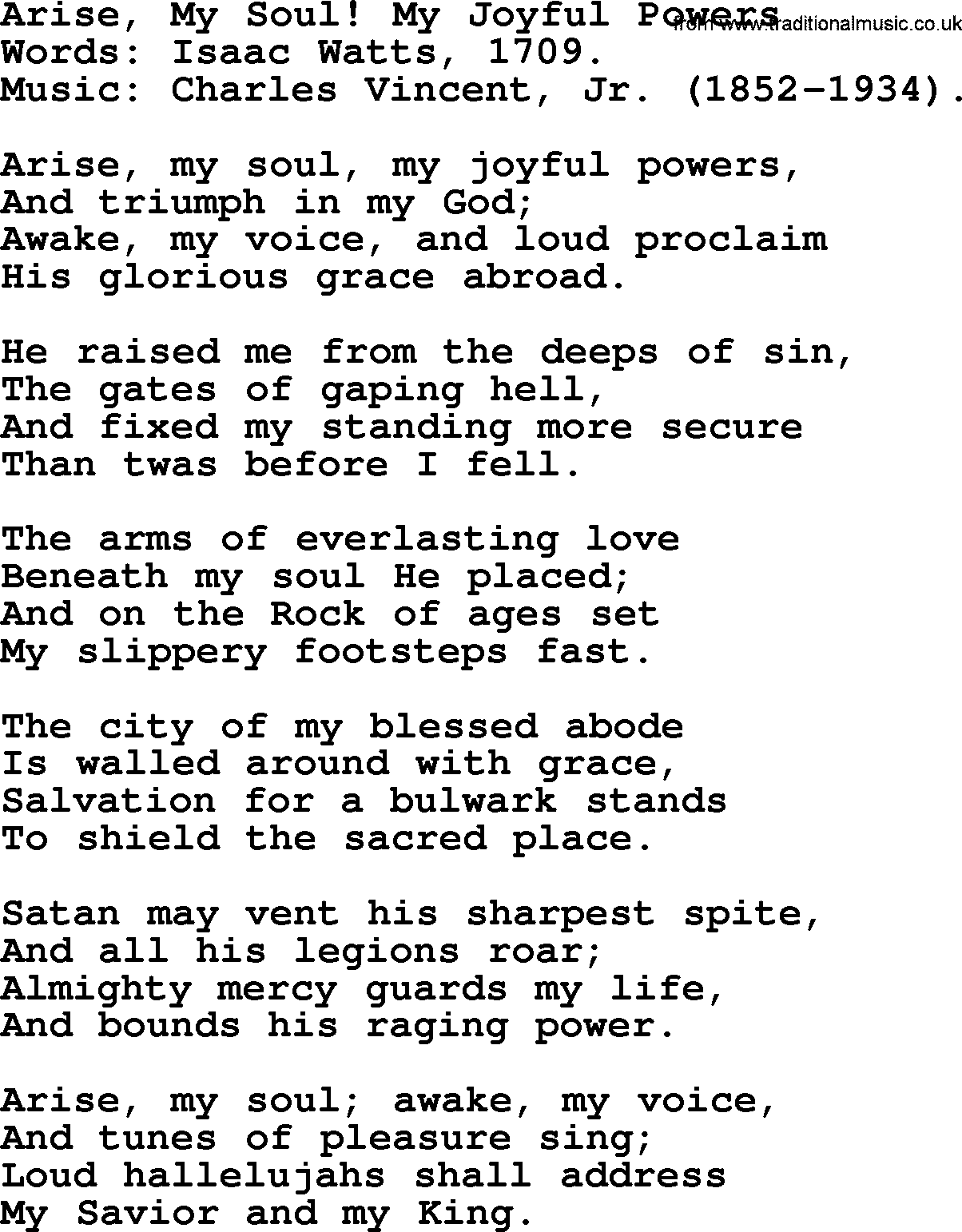 Isaac Watts Christian hymn: Arise, My Soul! My Joyful Powers- lyricss
