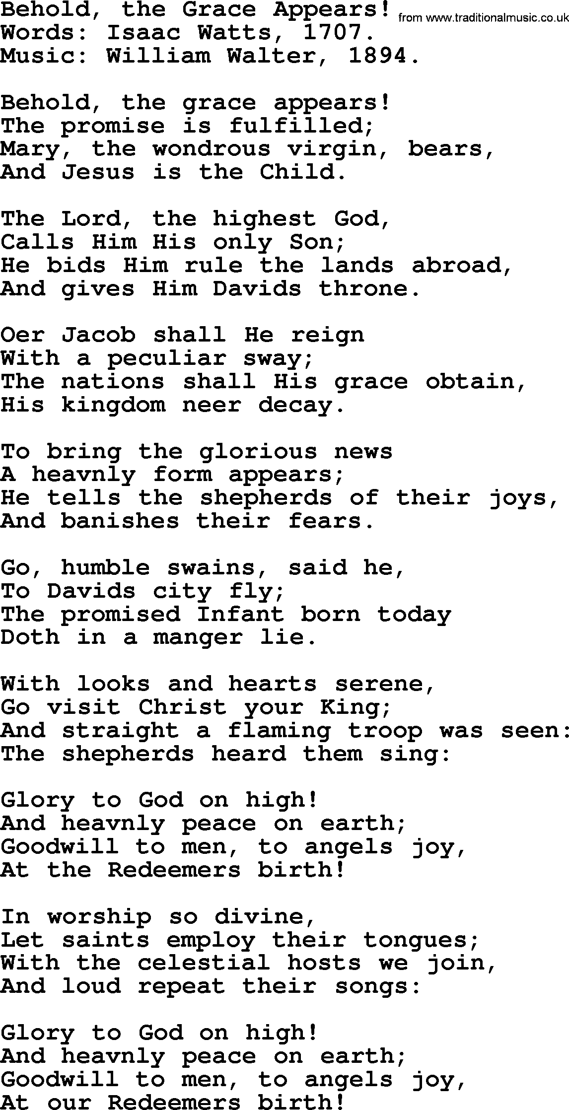 Isaac Watts Christian hymn: Behold, the Grace Appears!- lyricss