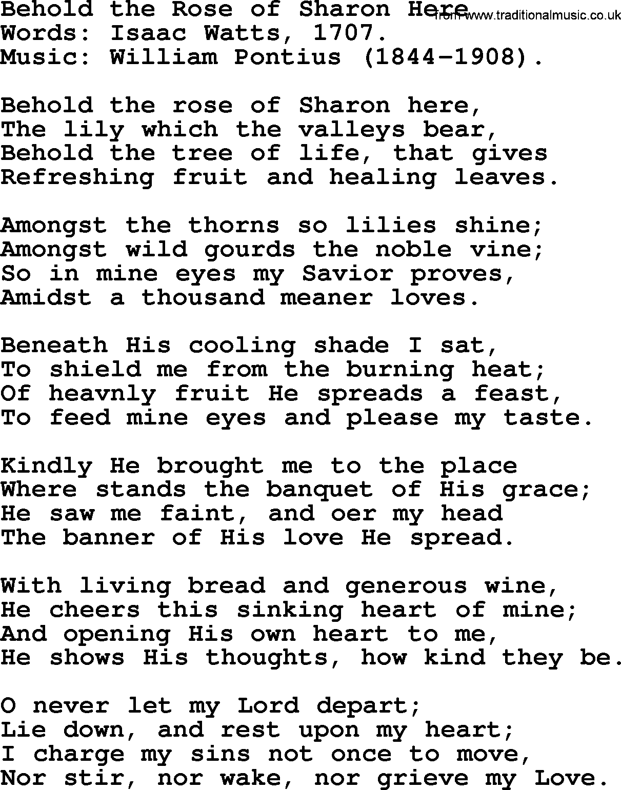 Isaac Watts Christian hymn: Behold the Rose of Sharon Here- lyricss