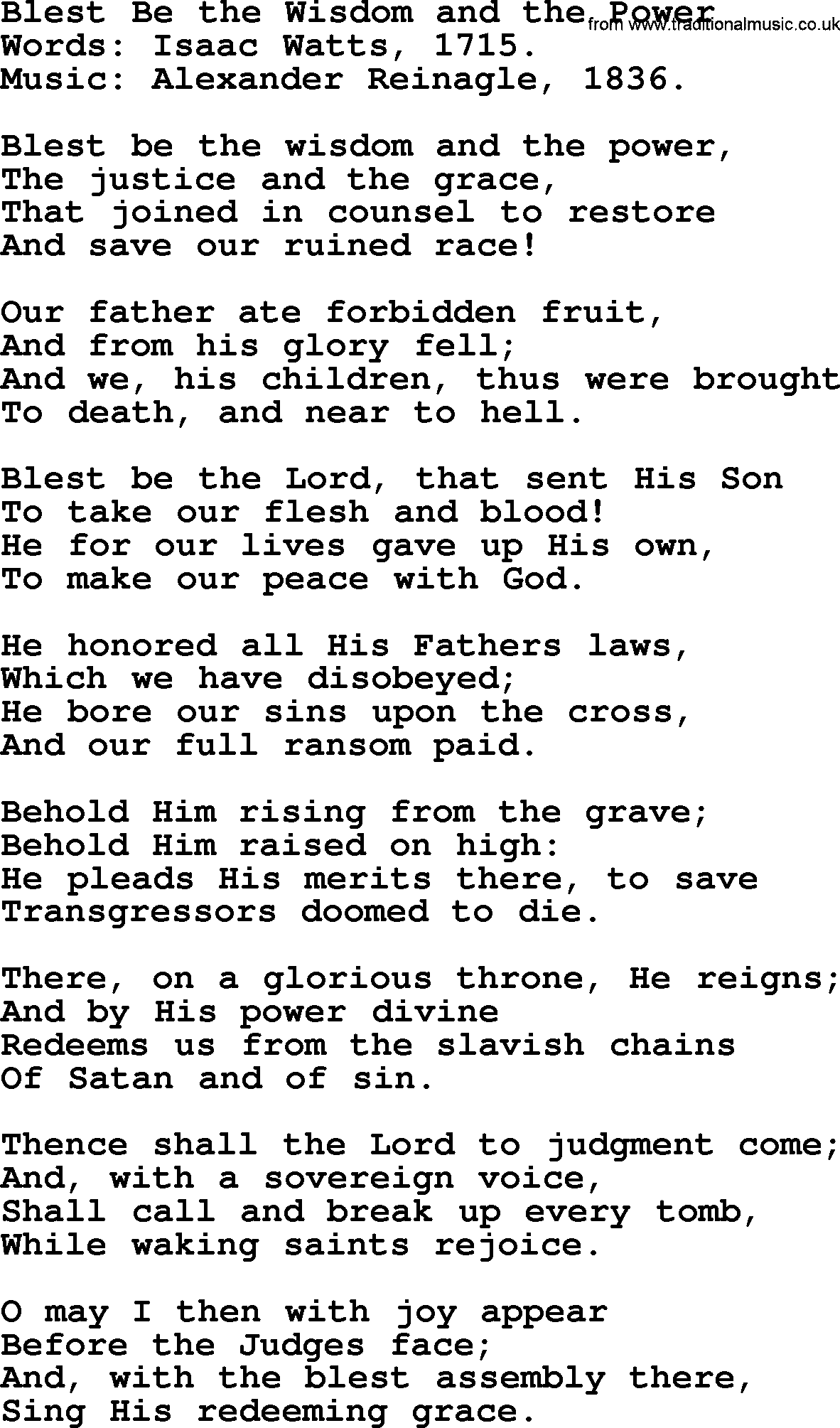 Isaac Watts Christian hymn: Blest Be the Wisdom and the Power- lyricss