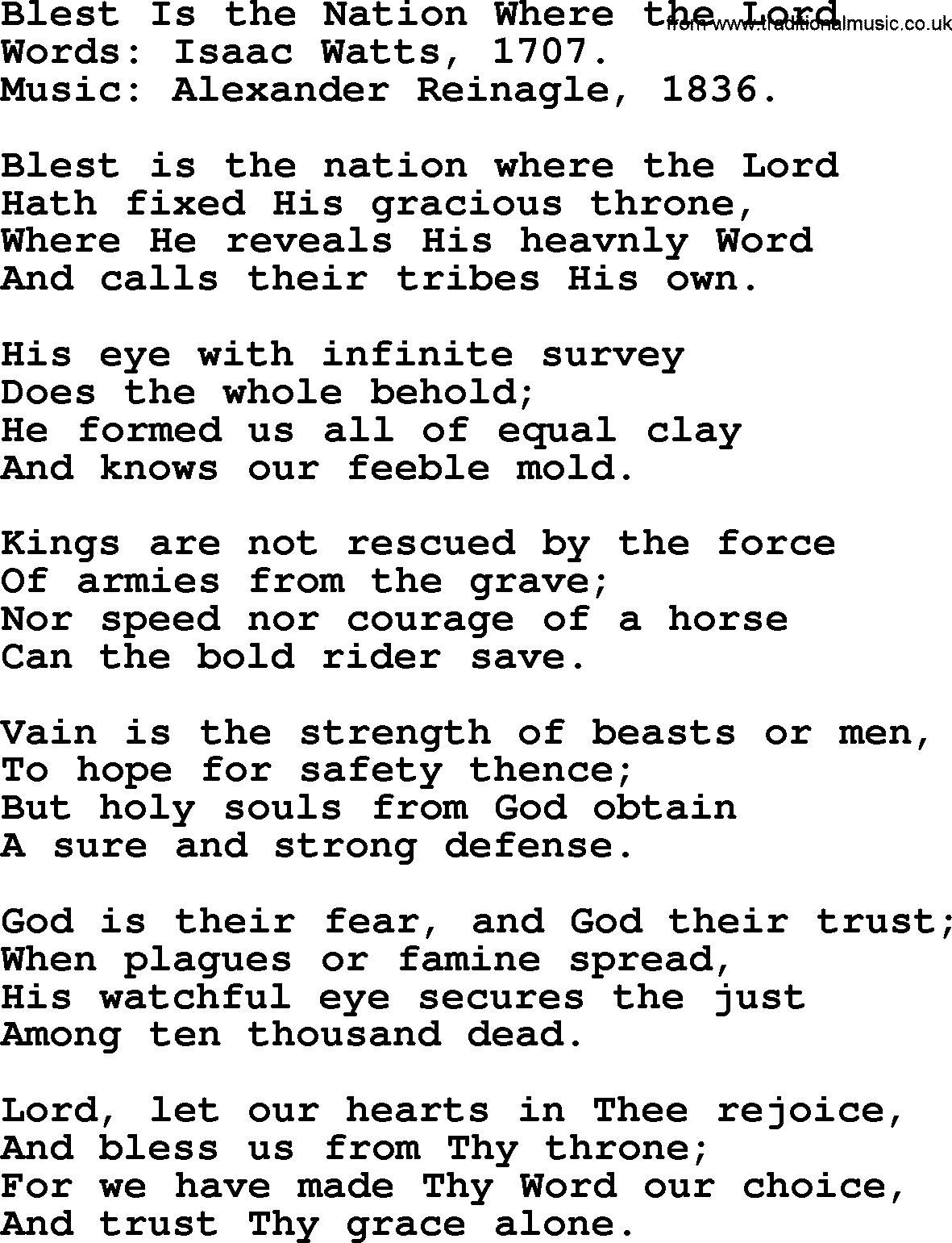 Isaac Watts Christian hymn: Blest Is the Nation Where the Lord- lyricss