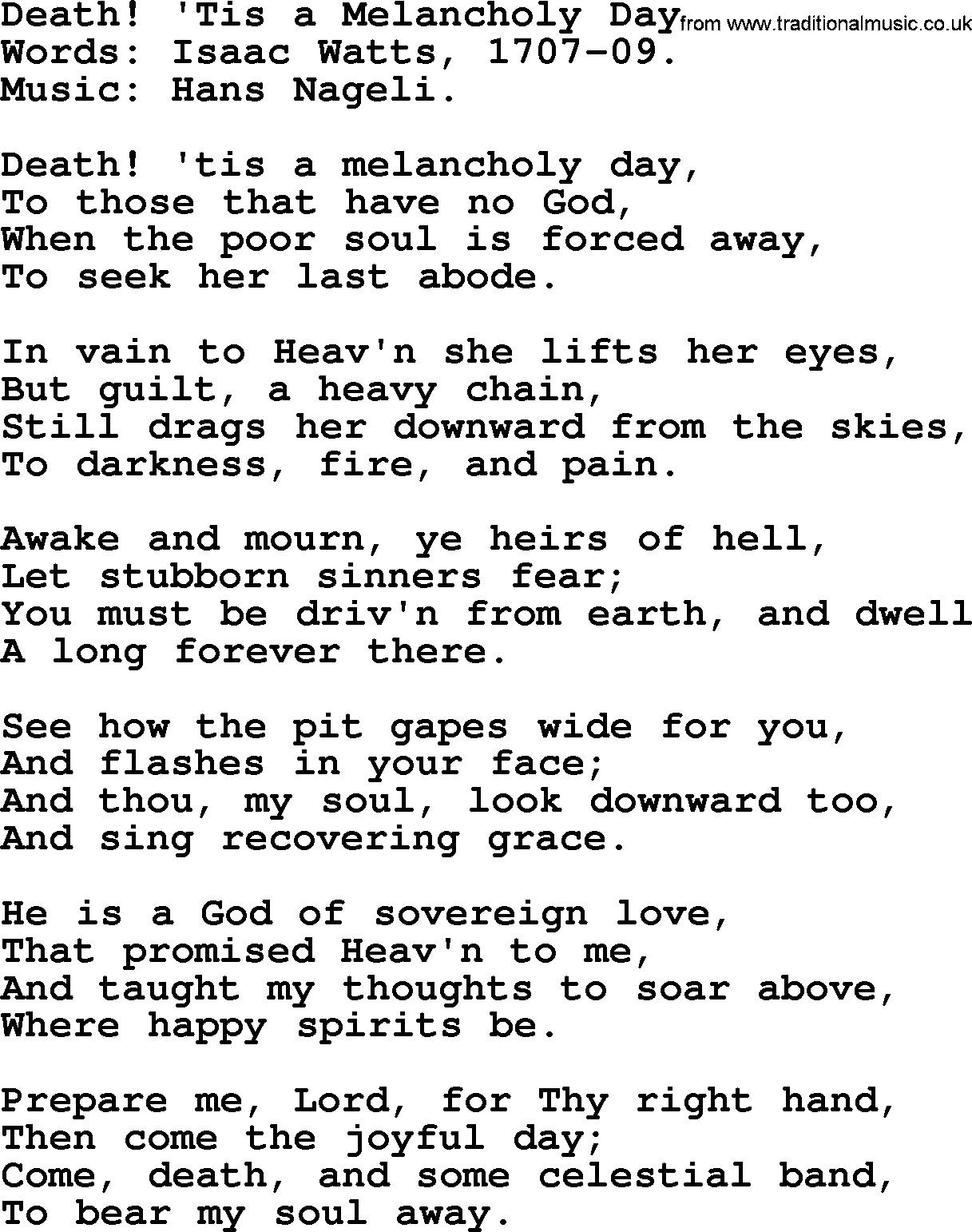 Isaac Watts Christian hymn: Death! 'Tis a Melancholy Day- lyricss